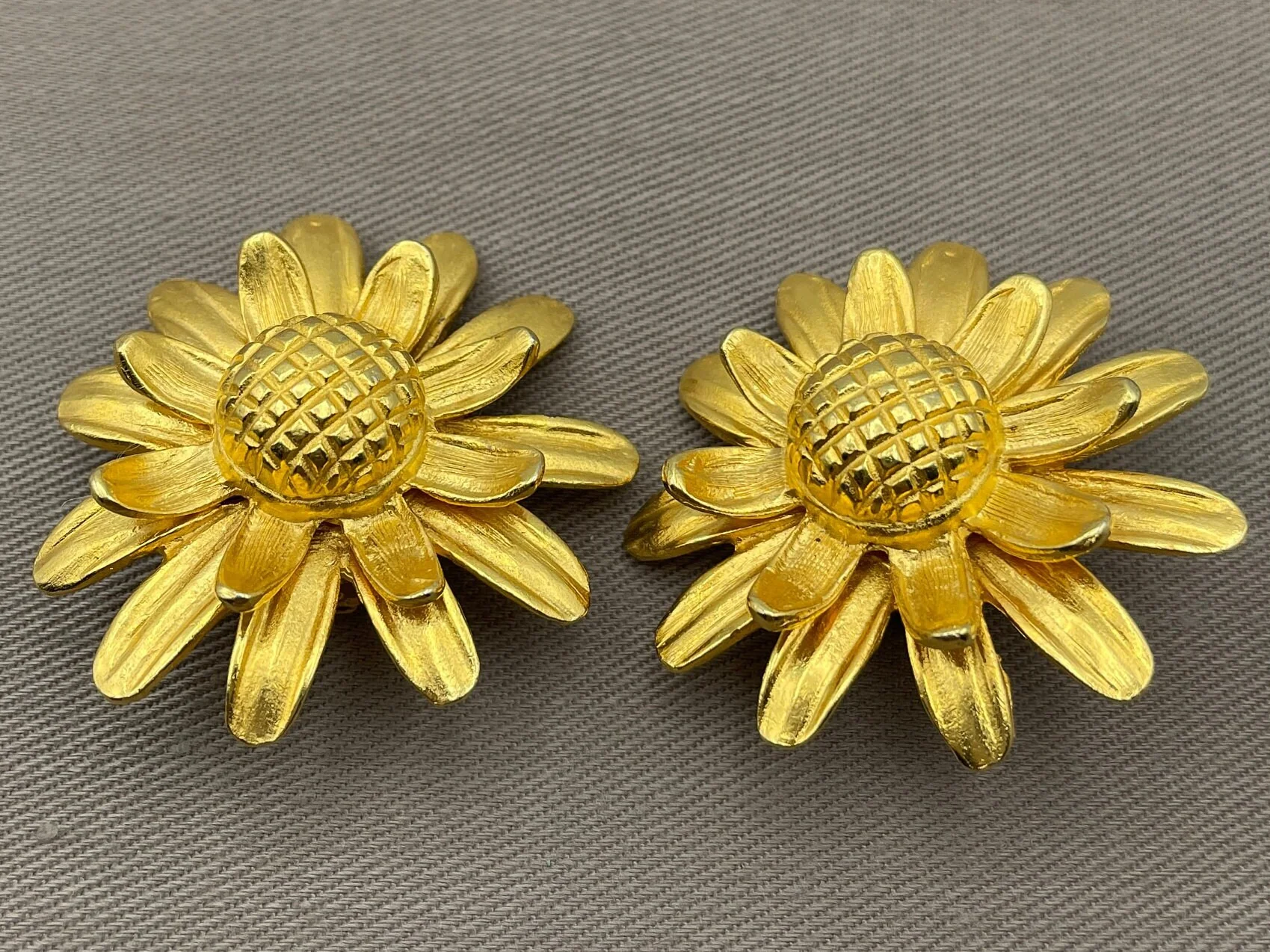 Gold Flower Clip-On Statement Earrings Massive Runway Sculptural Figural Vintage Earrings - Image 2