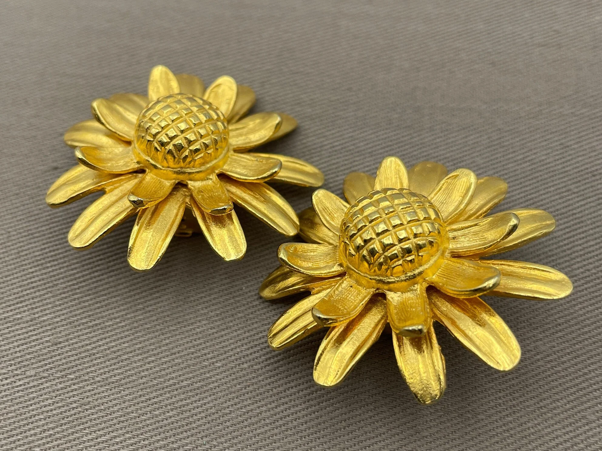 Gold Flower Clip-On Statement Earrings Massive Runway Sculptural Figural Vintage Earrings - Image 3