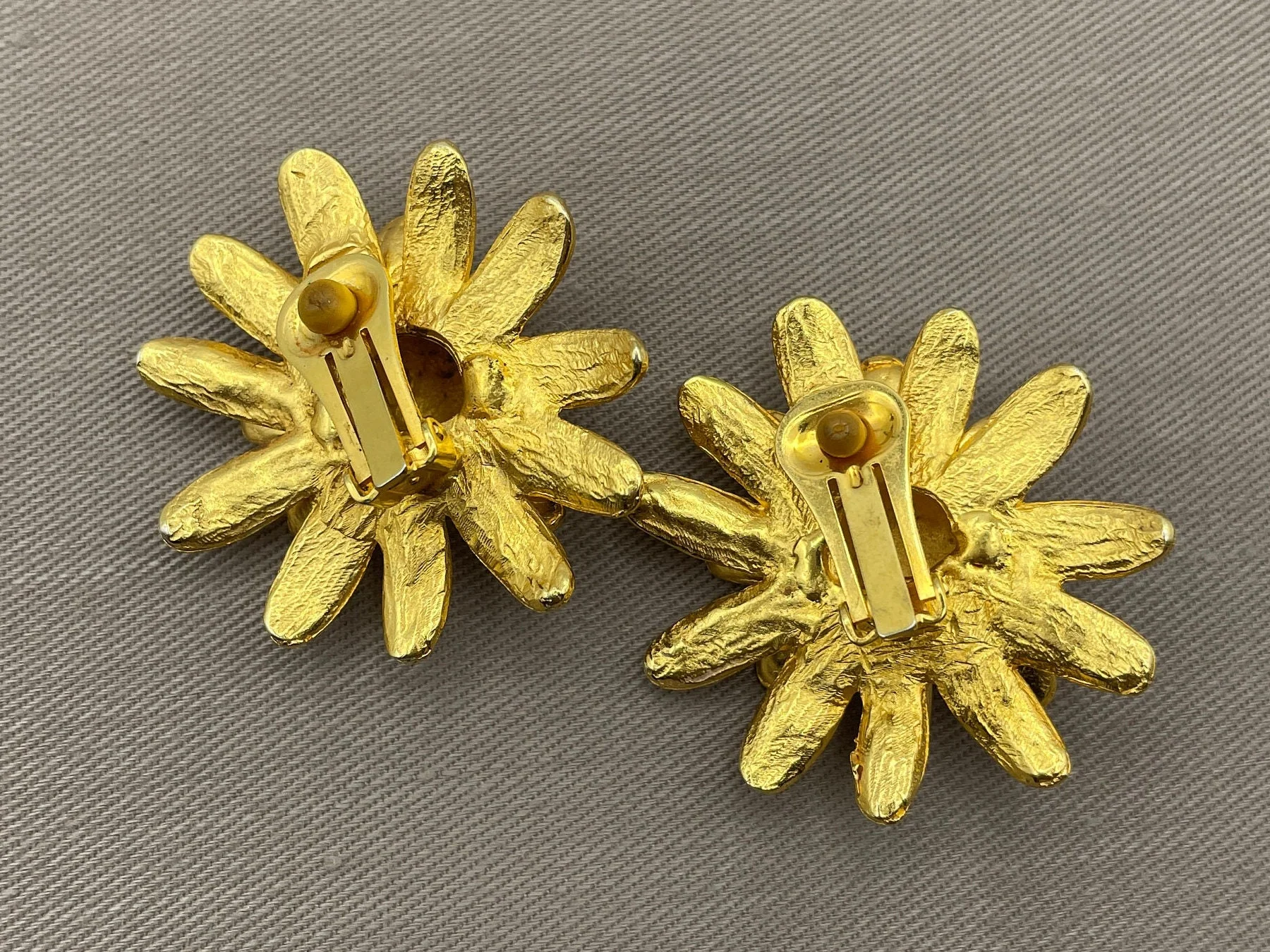 Gold Flower Clip-On Statement Earrings Massive Runway Sculptural Figural Vintage Earrings - Image 4