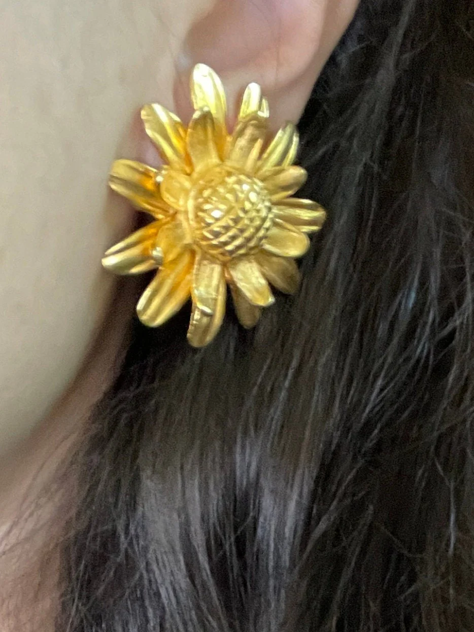 Gold Flower Clip-On Statement Earrings Massive Runway Sculptural Figural Vintage Earrings - Image 5