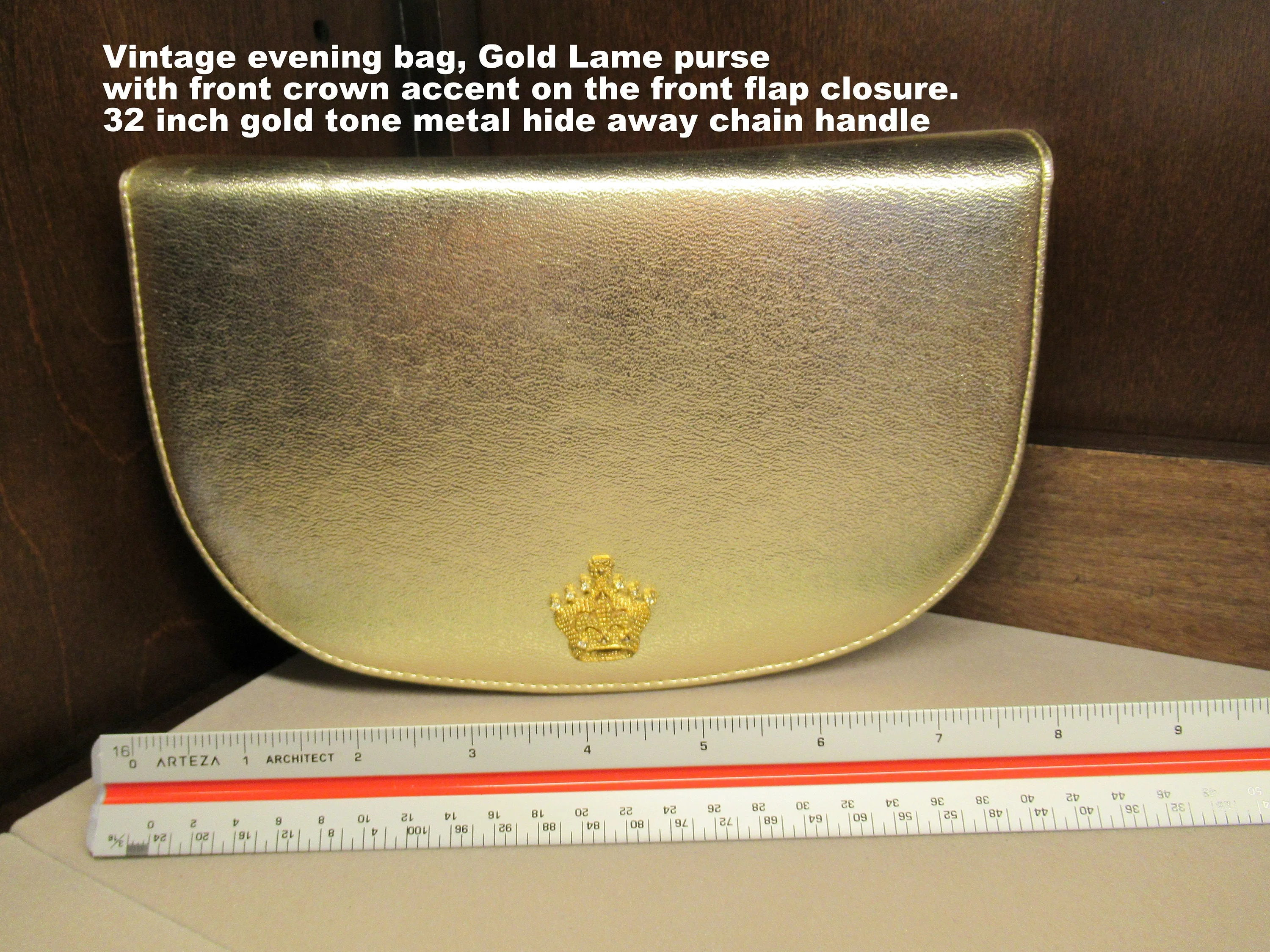 Gold Lame Purse with Front Crown Accent Front Flap Closure Gold Tone Metal Vintage - Image 2