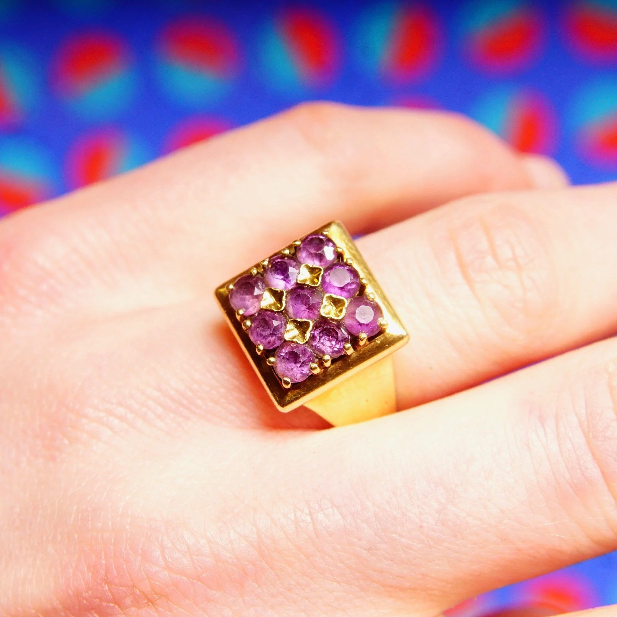 Gold Square Top Amethyst Cluster Ring - Image 2