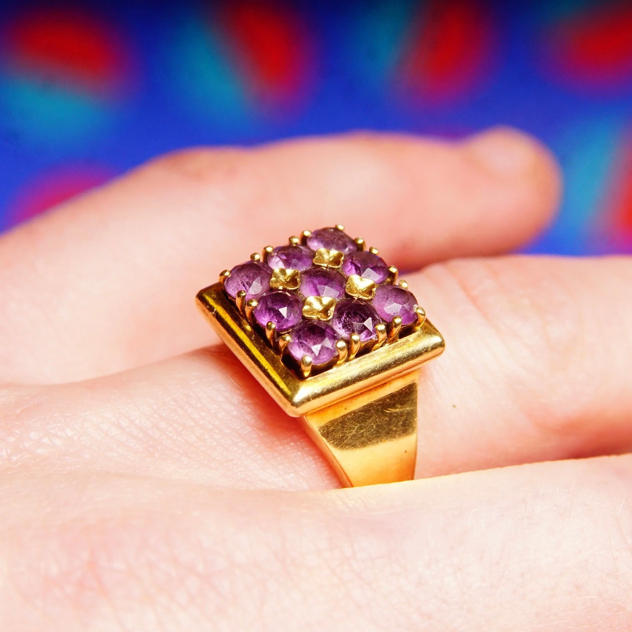 Gold Square Top Amethyst Cluster Ring - Image 8
