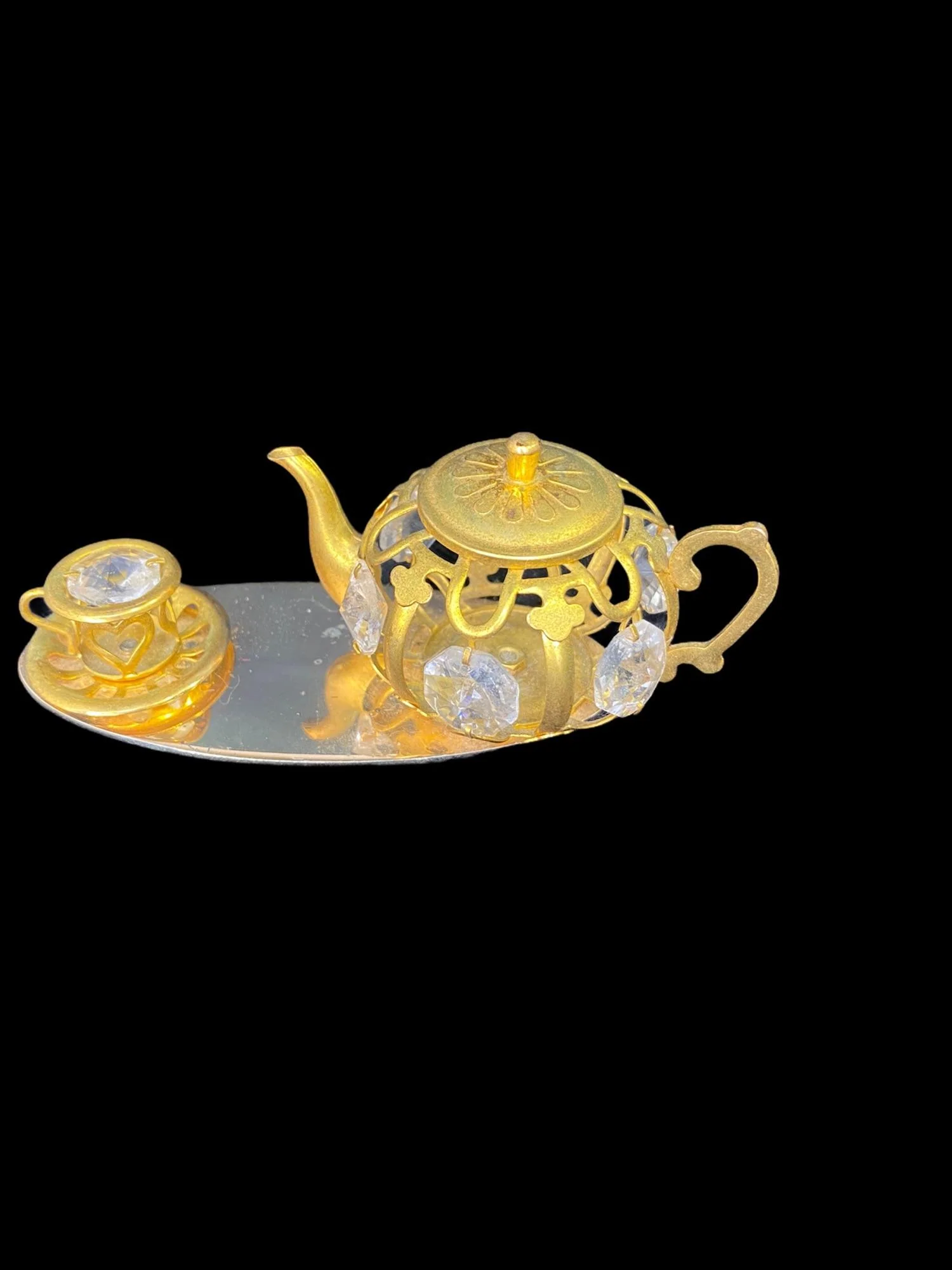 Gold Tea Set On Mirror Base Table Top Display with Swarovski Crystals Vintage - Image 11
