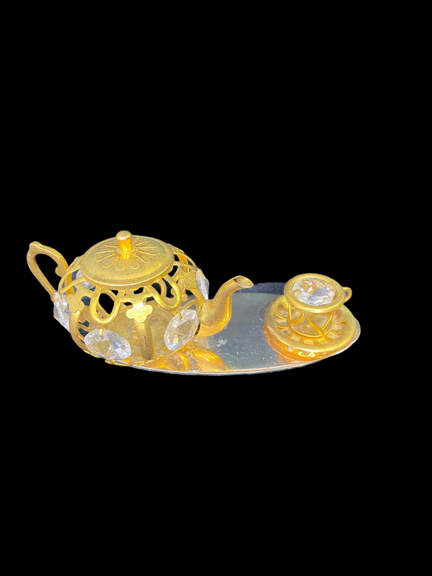 Gold Tea Set On Mirror Base Table Top Display with Swarovski Crystals Vintage - Image 12