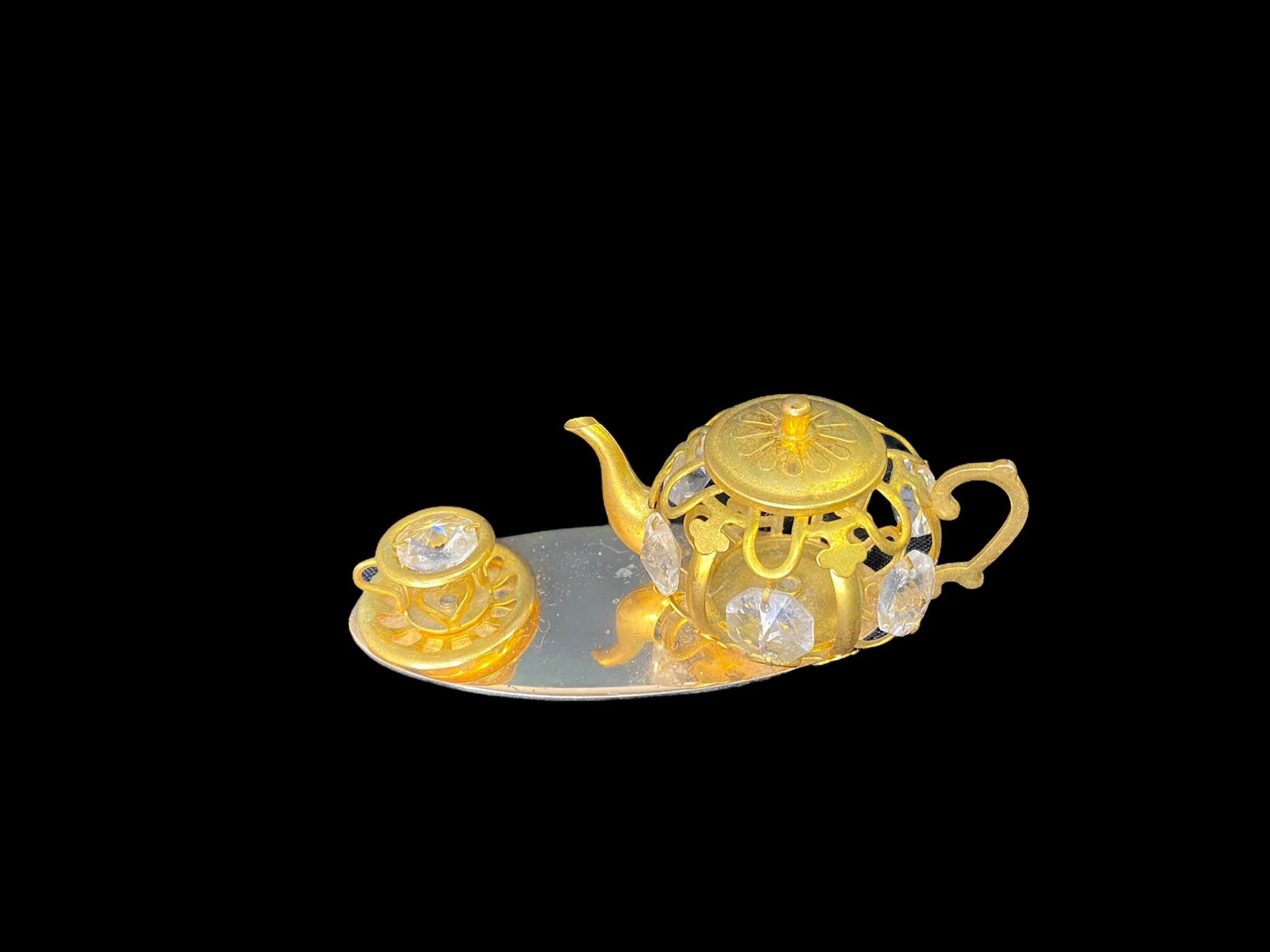 Gold Tea Set On Mirror Base Table Top Display with Swarovski Crystals Vintage - Image 13