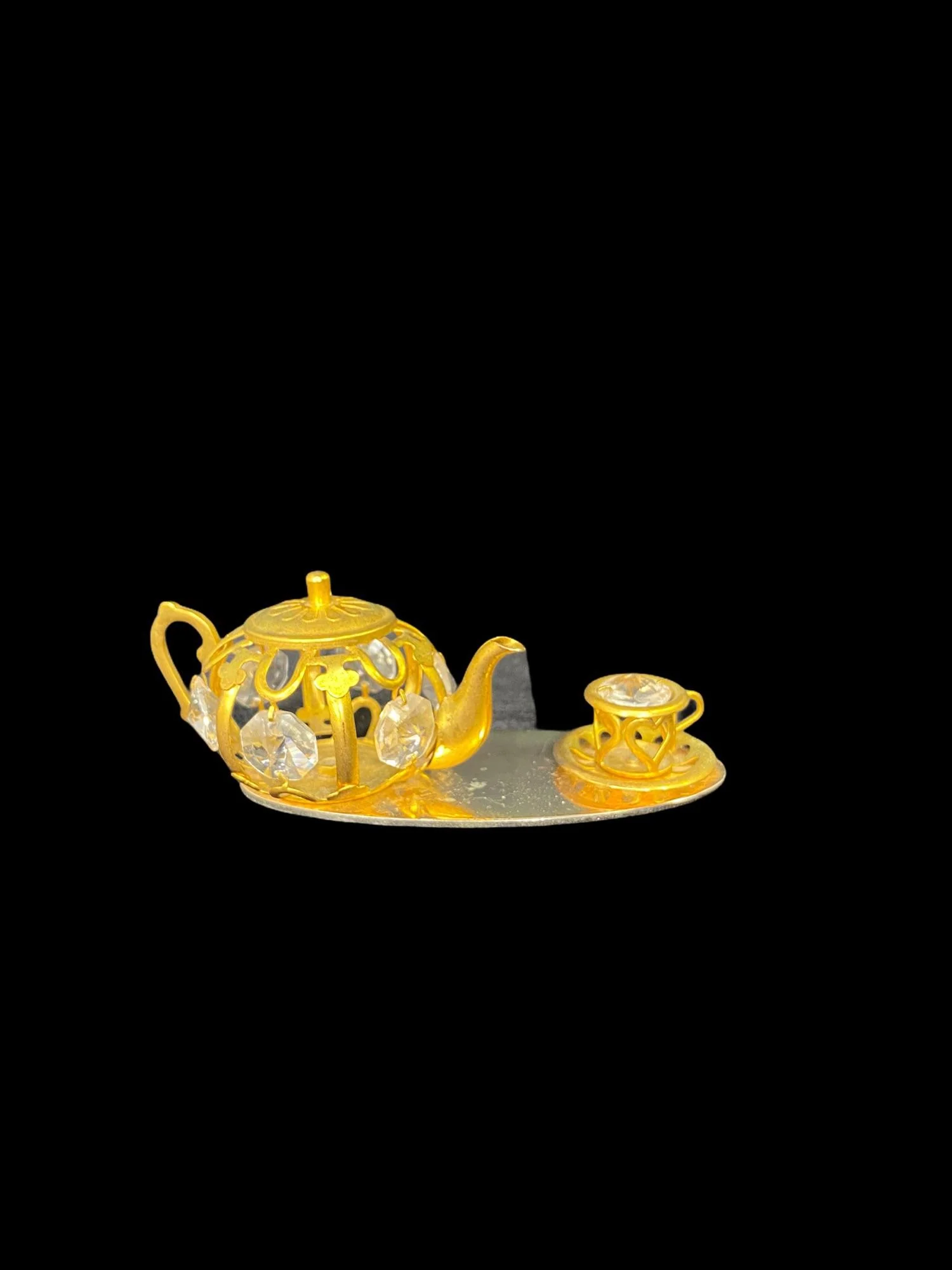 Gold Tea Set On Mirror Base Table Top Display with Swarovski Crystals Vintage - Image 15