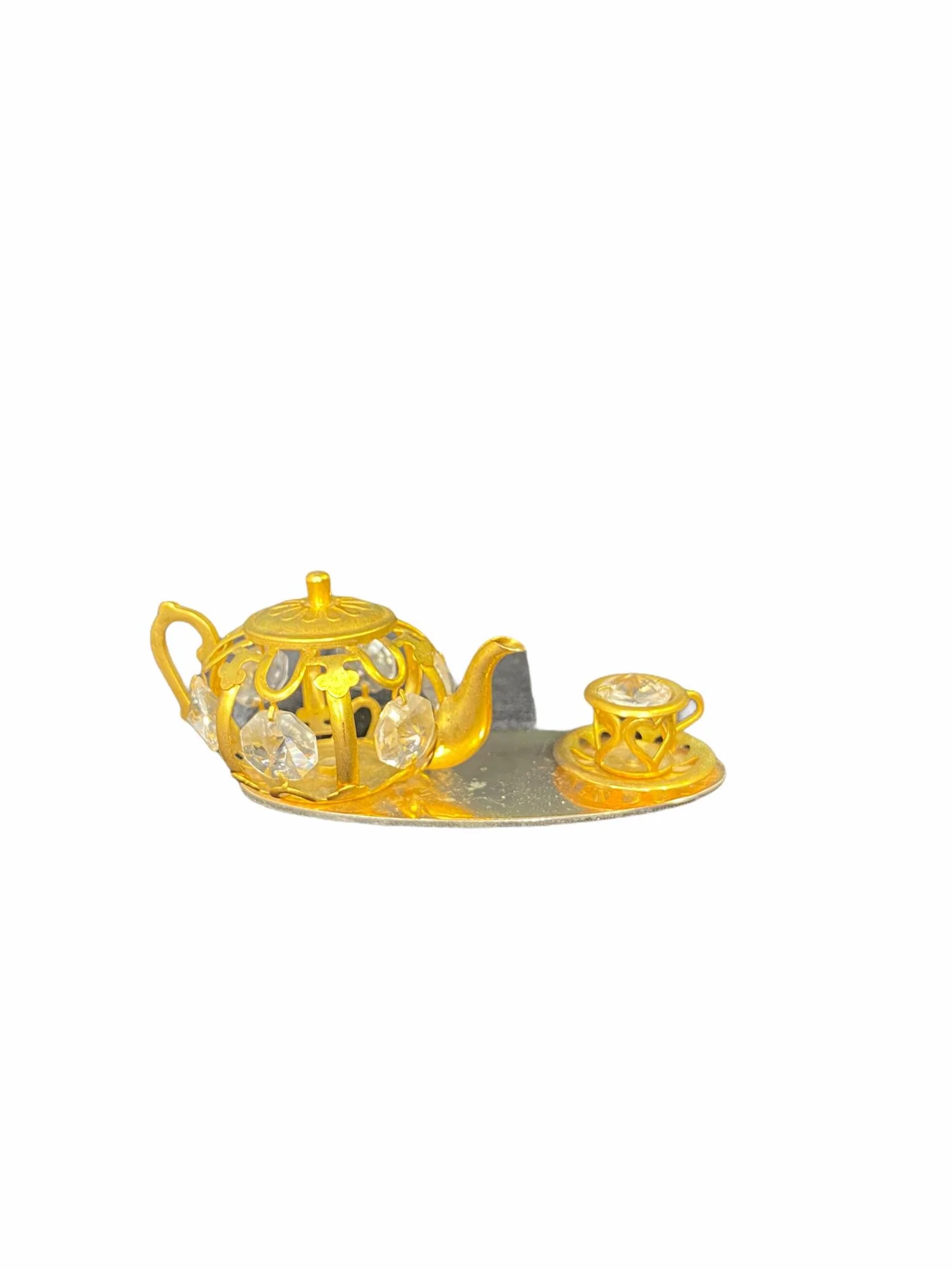 Gold Tea Set On Mirror Base Table Top Display with Swarovski Crystals Vintage - Image 3