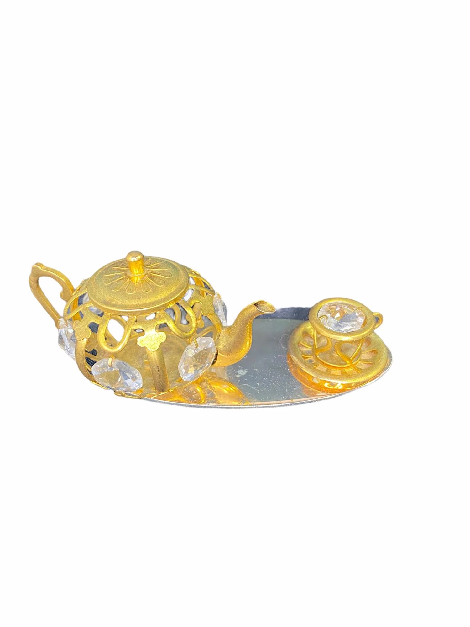 Gold Tea Set On Mirror Base Table Top Display with Swarovski Crystals Vintage - Image 4