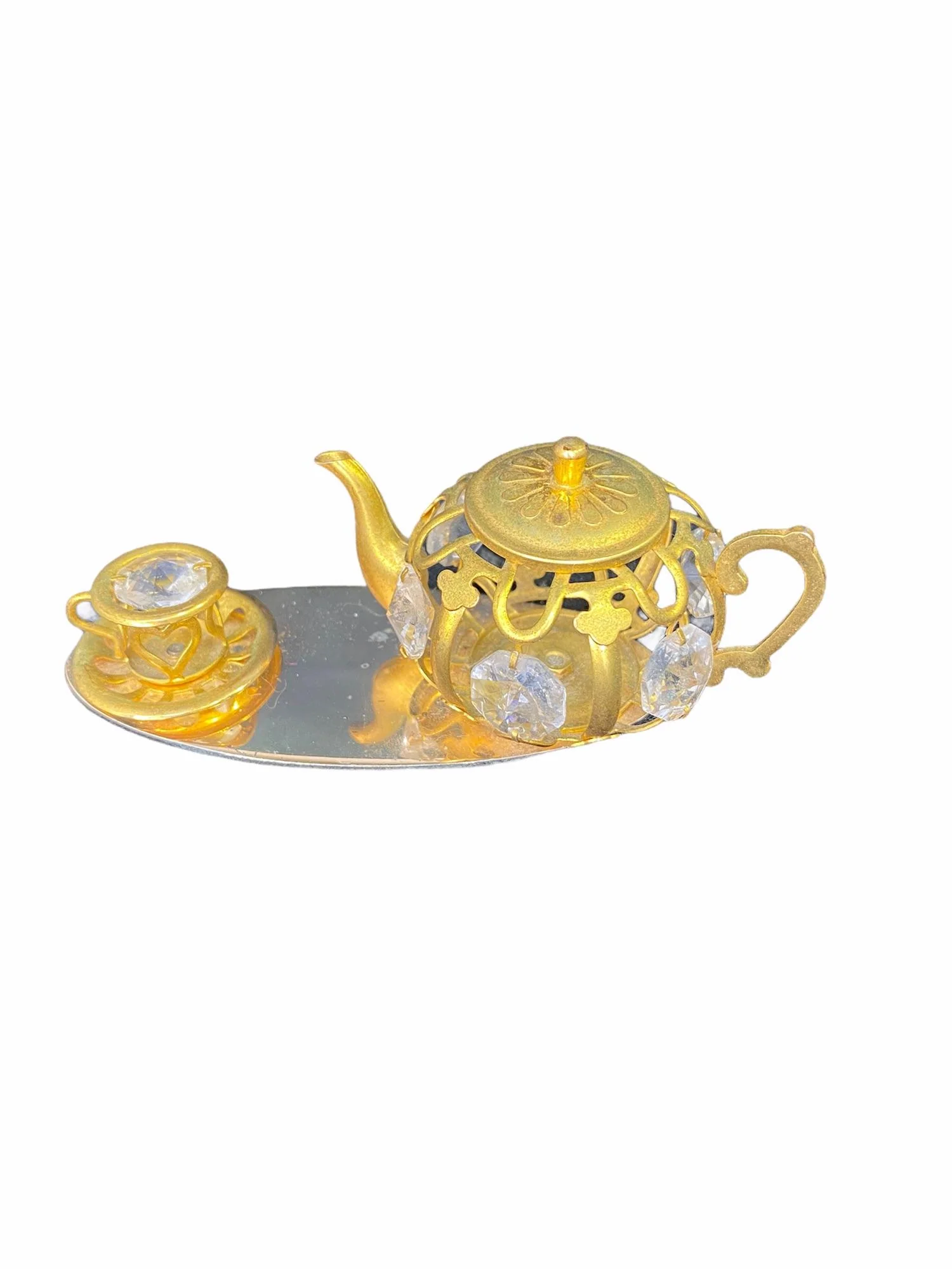 Gold Tea Set On Mirror Base Table Top Display with Swarovski Crystals Vintage - Image 5