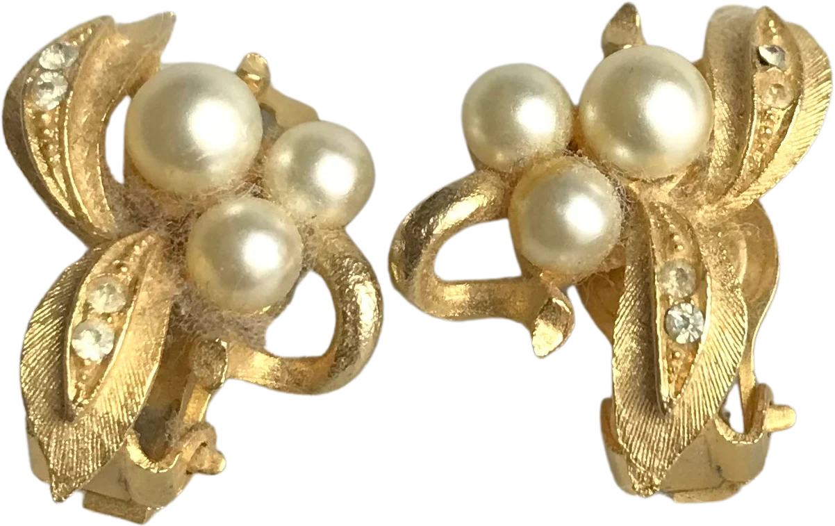 Gold Tone Faux Pearl And Rhinestone Earrings