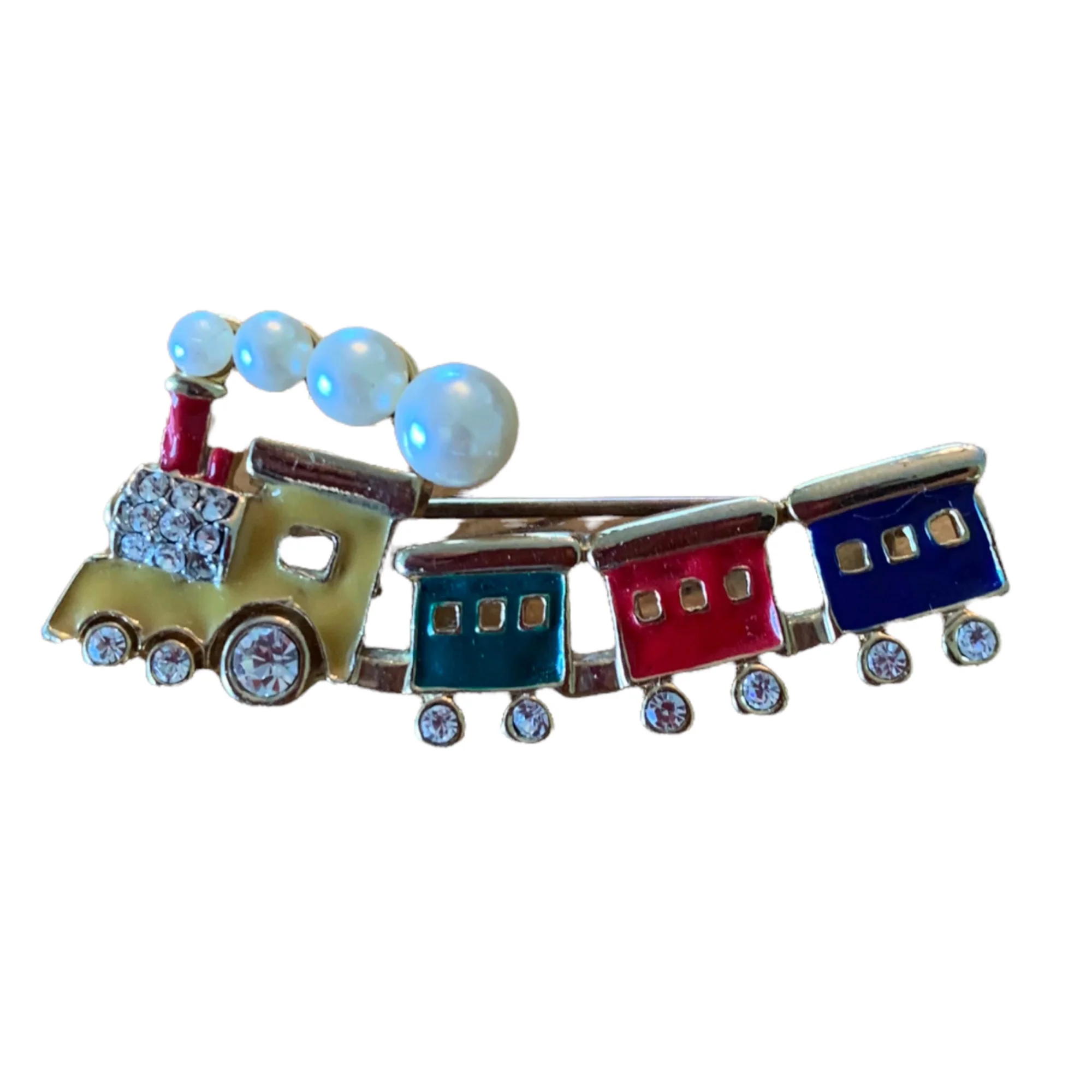 Gold Tone Primary Color Train Brooch Rhinestones - Image 3