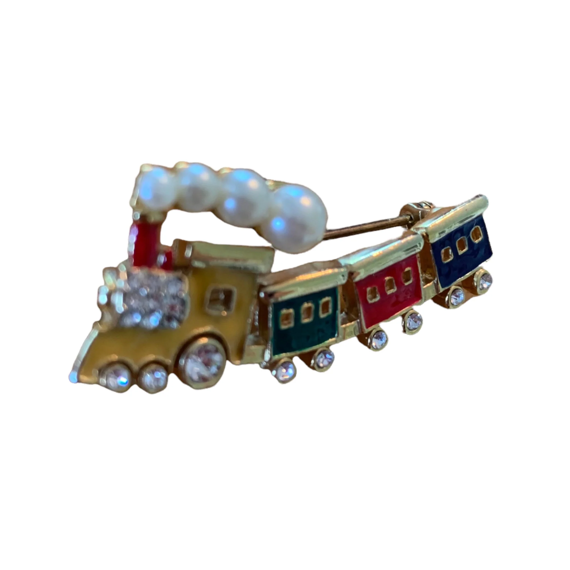 Gold Tone Primary Color Train Brooch Rhinestones - Image 4