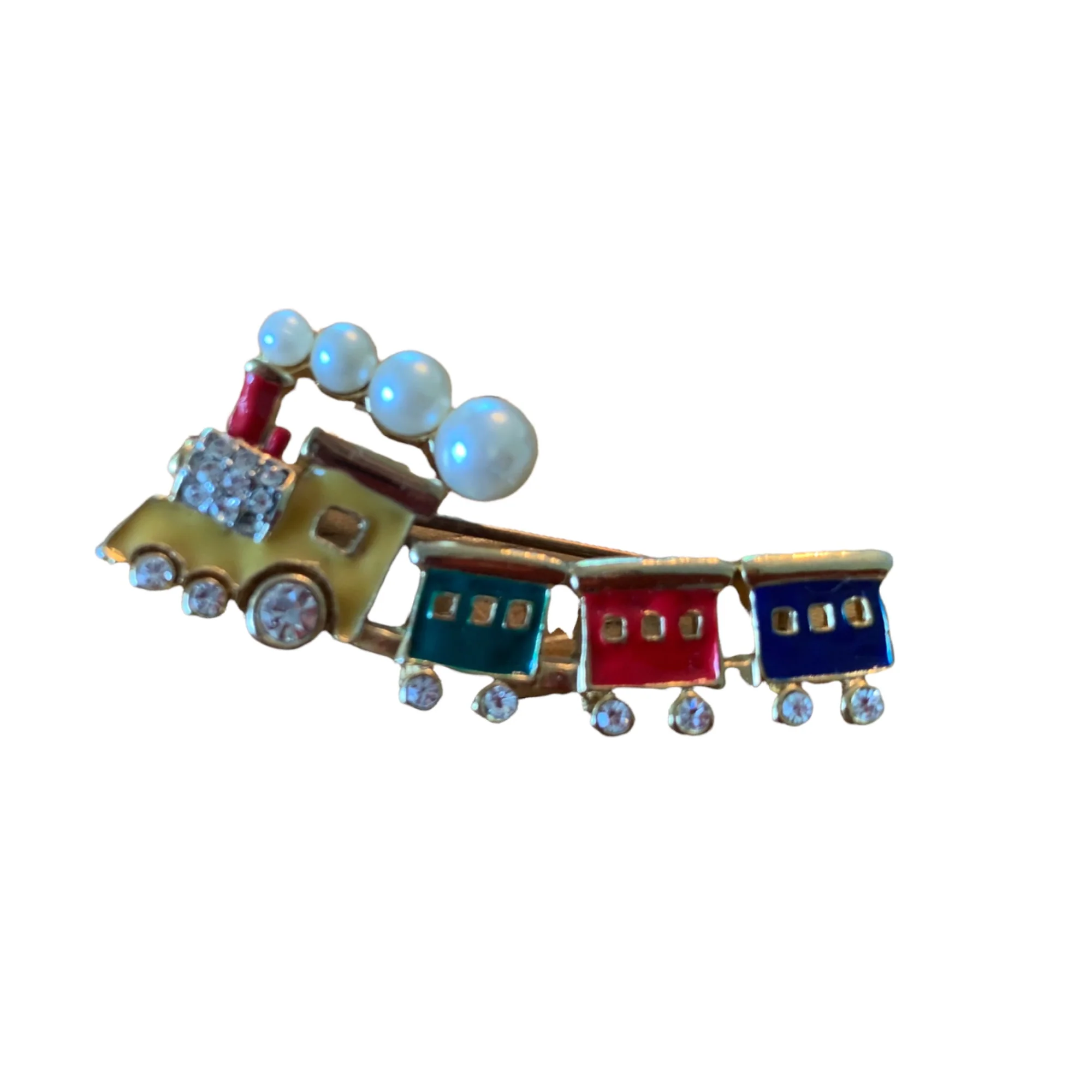Gold Tone Primary Color Train Brooch Rhinestones - Image 5