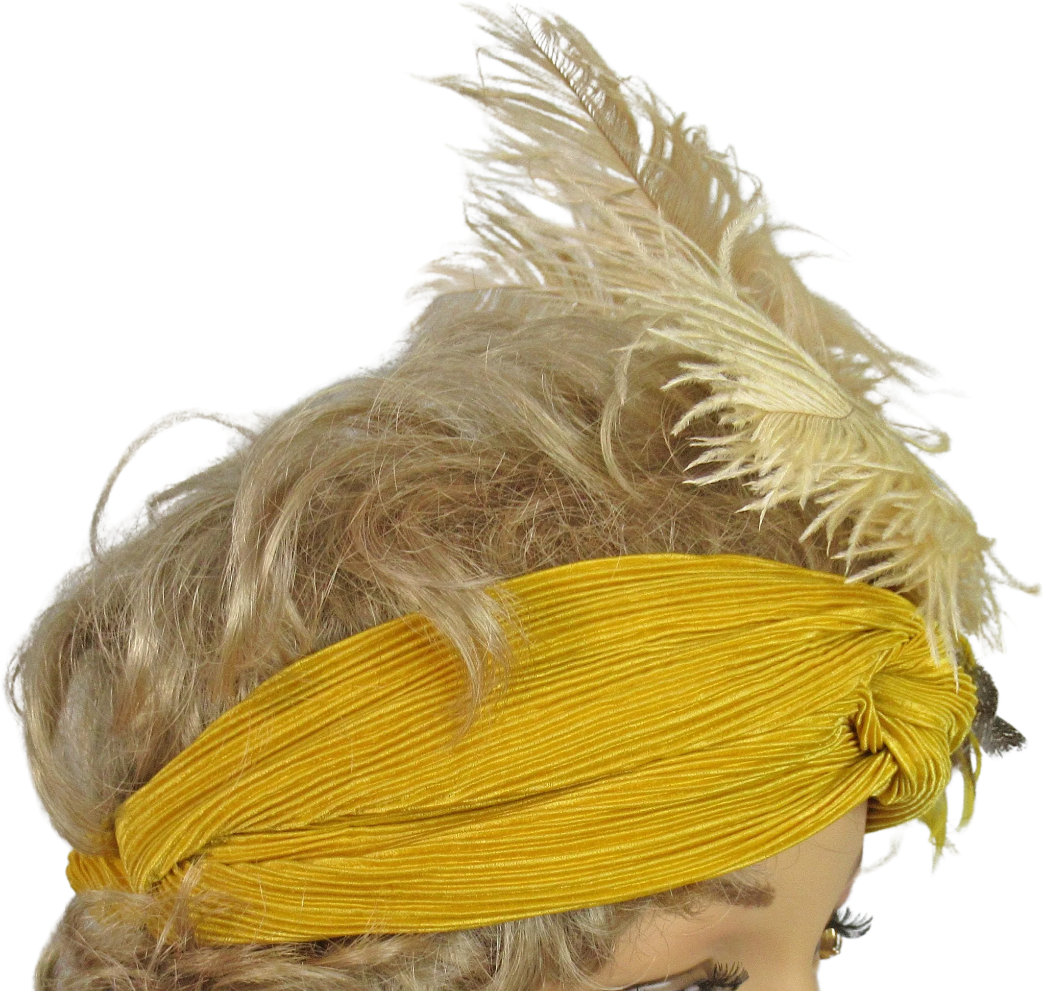 Golden Yellow Stretch Headband with Feathers and Rhinestone Dangle Brooch 20s Inspired Headband, Tan, Brown, Amber Accent, Flapper Style