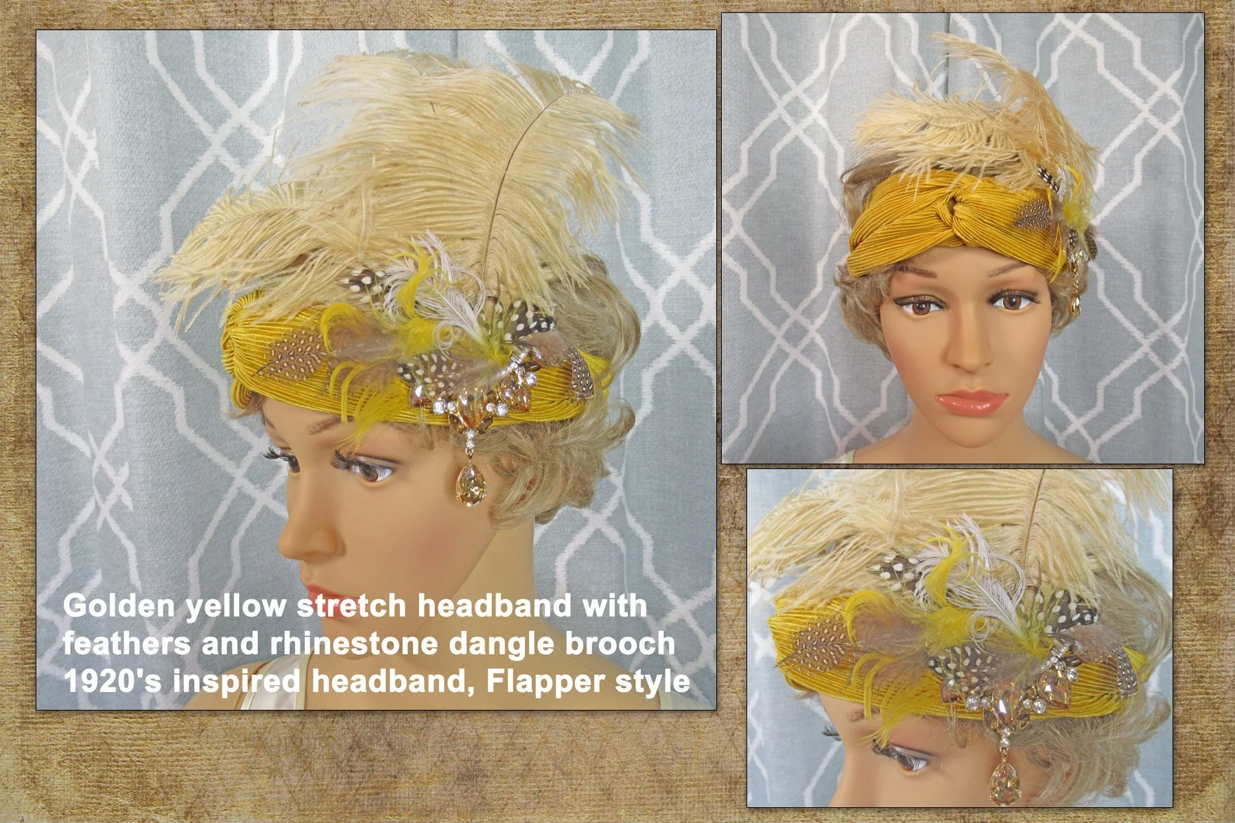 Golden Yellow Stretch Headband with Feathers and Rhinestone Dangle Brooch 20s Inspired Headband, Tan, Brown, Amber Accent, Flapper Style - Image 2