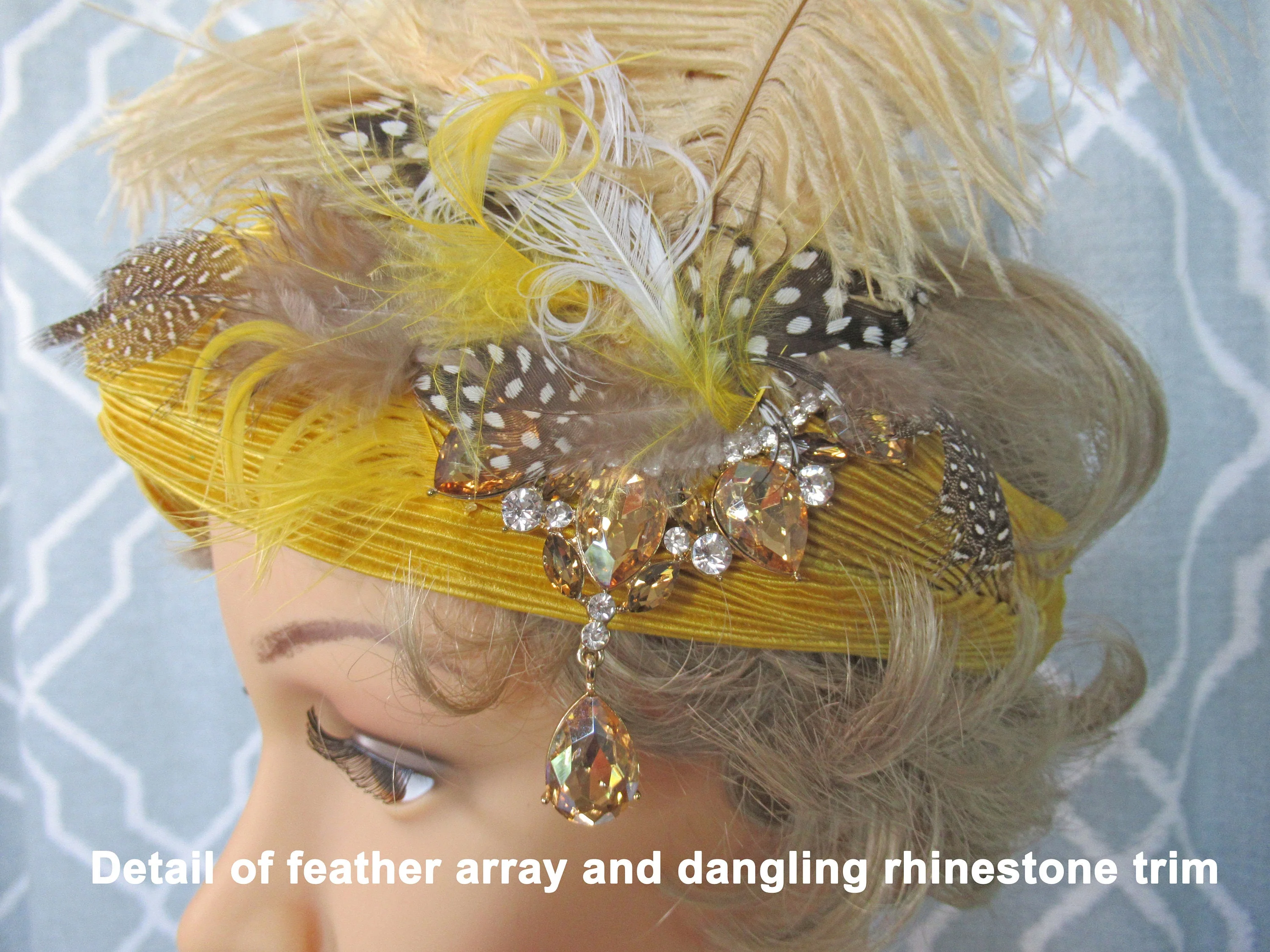Golden Yellow Stretch Headband with Feathers and Rhinestone Dangle Brooch 20s Inspired Headband, Tan, Brown, Amber Accent, Flapper Style - Image 3