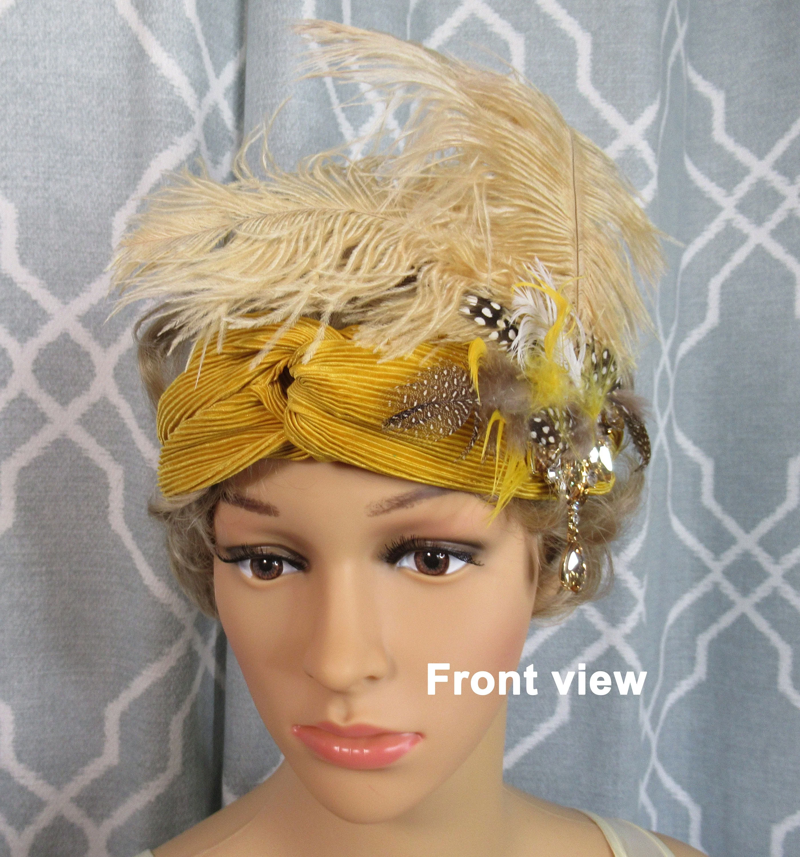 Golden Yellow Stretch Headband with Feathers and Rhinestone Dangle Brooch 20s Inspired Headband, Tan, Brown, Amber Accent, Flapper Style - Image 4