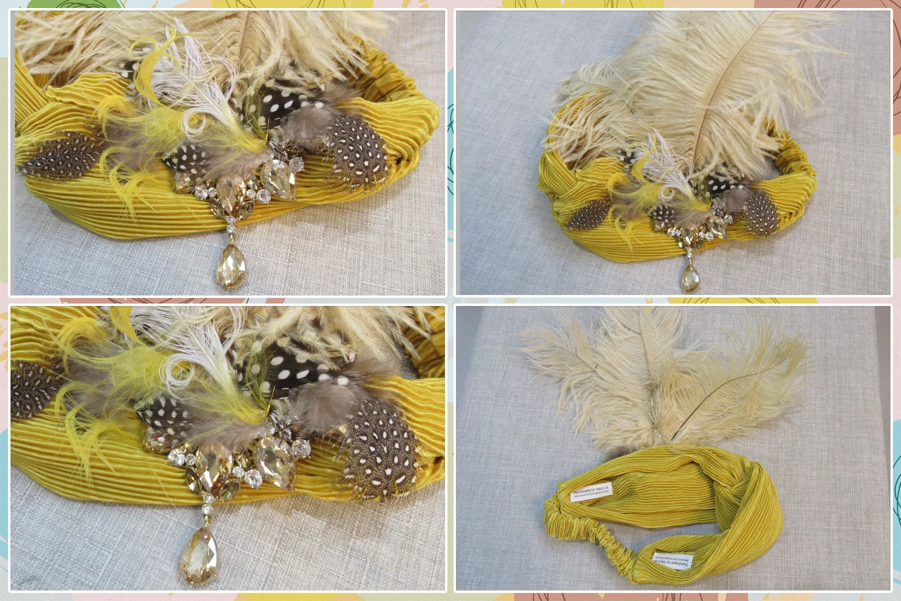 Golden Yellow Stretch Headband with Feathers and Rhinestone Dangle Brooch 20s Inspired Headband, Tan, Brown, Amber Accent, Flapper Style - Image 5