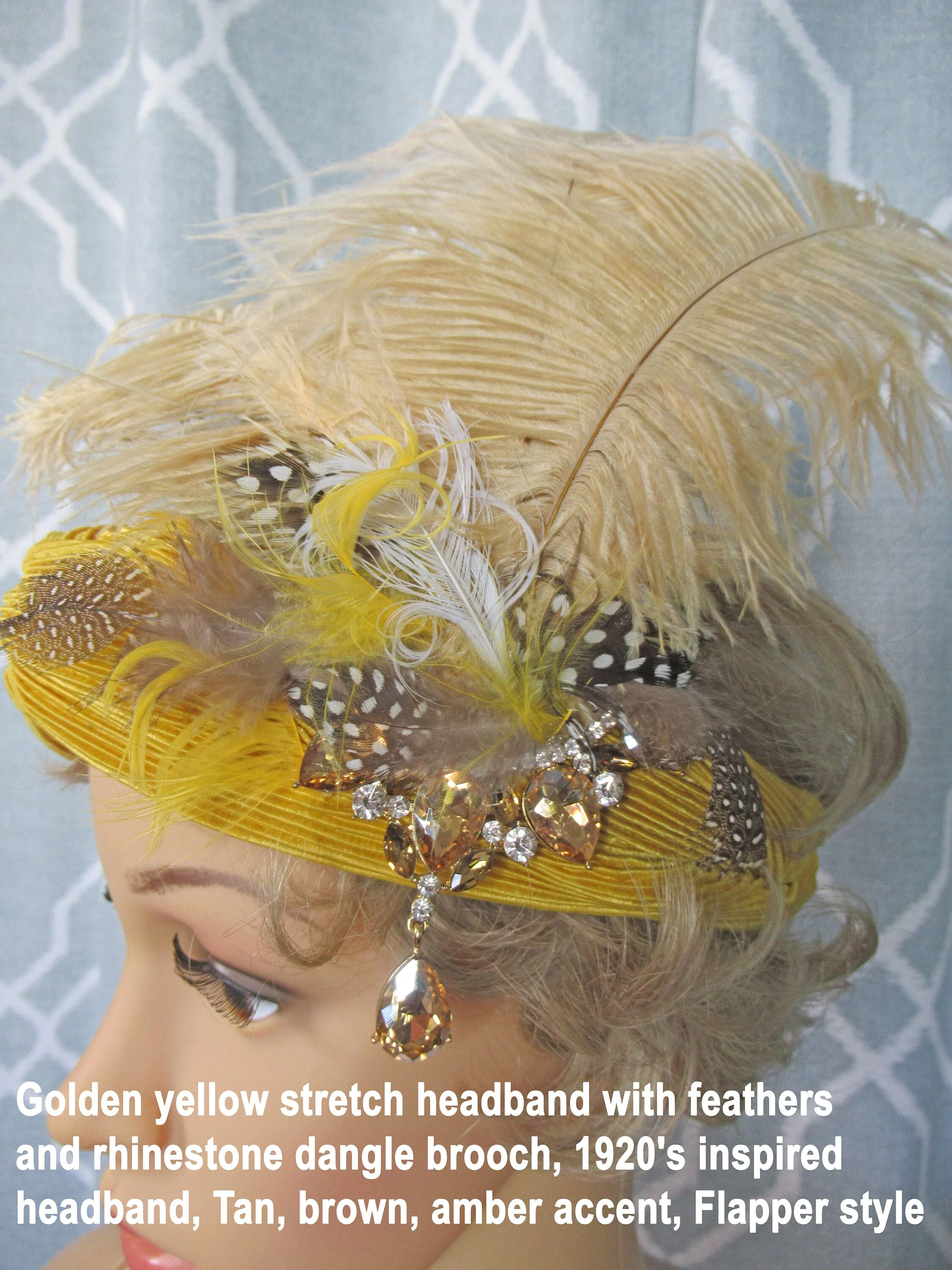 Golden Yellow Stretch Headband with Feathers and Rhinestone Dangle Brooch 20s Inspired Headband, Tan, Brown, Amber Accent, Flapper Style - Image 6
