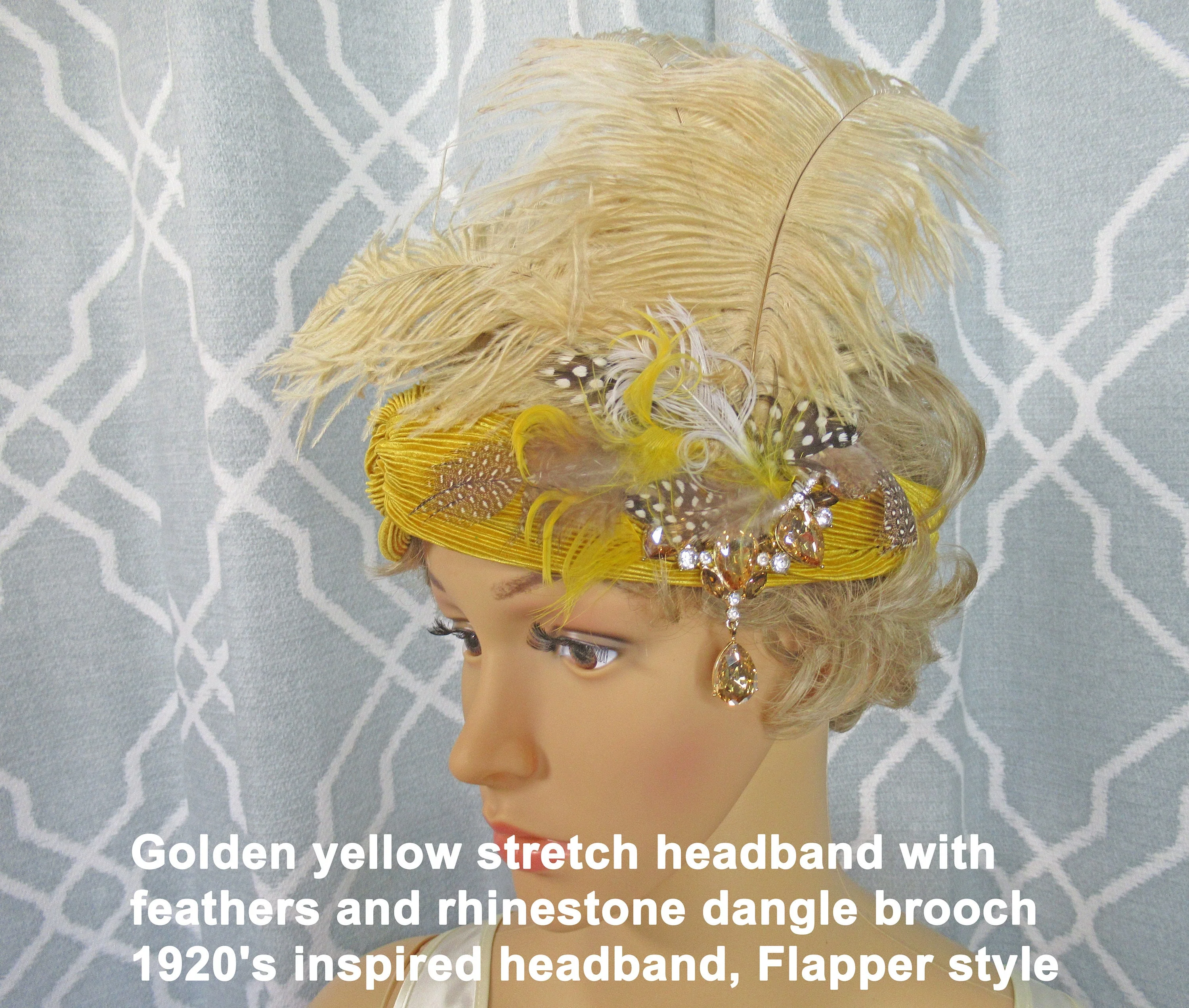 Golden Yellow Stretch Headband with Feathers and Rhinestone Dangle Brooch 20s Inspired Headband, Tan, Brown, Amber Accent, Flapper Style - Image 7