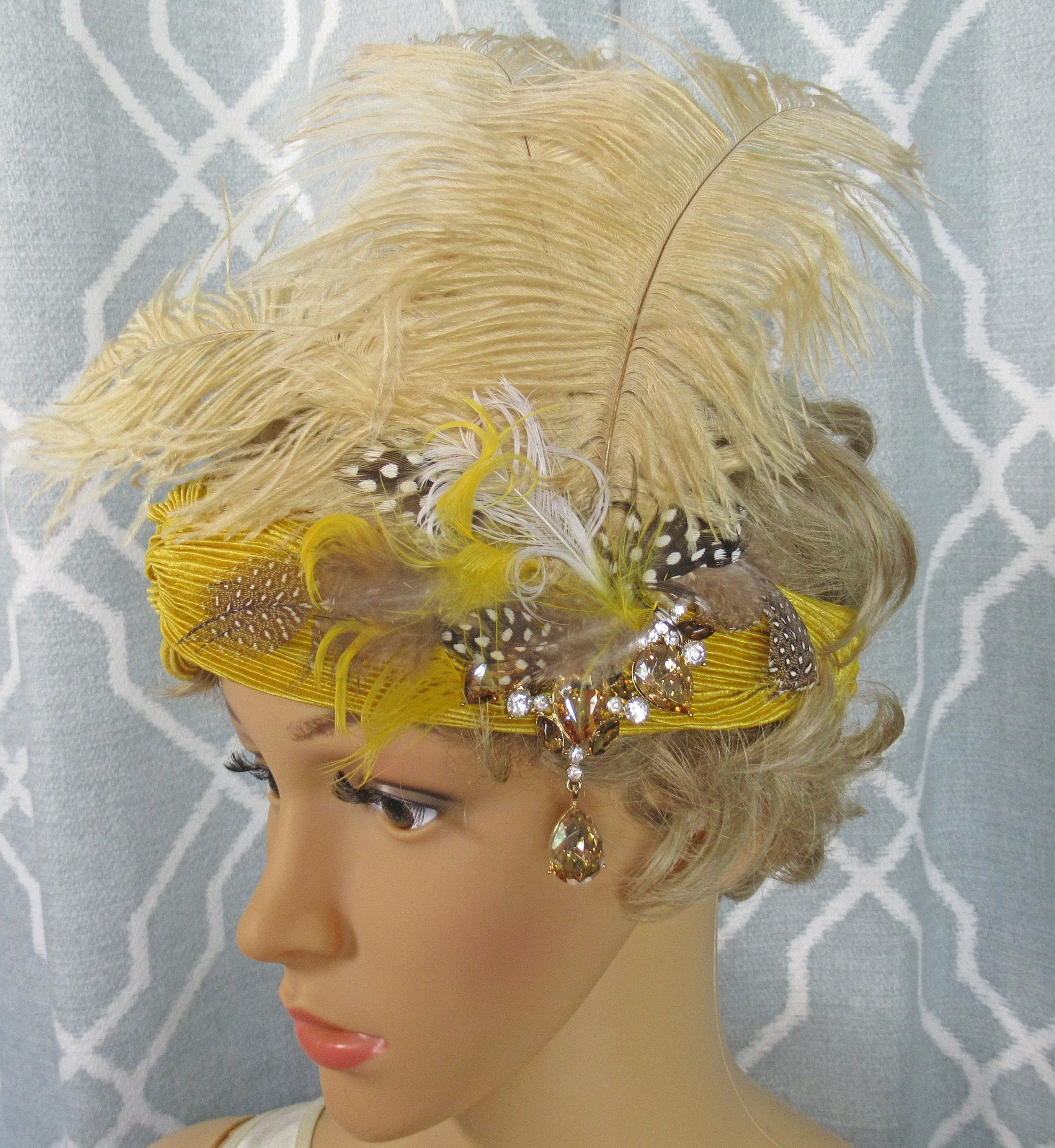 Golden Yellow Stretch Headband with Feathers and Rhinestone Dangle Brooch 20s Inspired Headband, Tan, Brown, Amber Accent, Flapper Style - Image 8