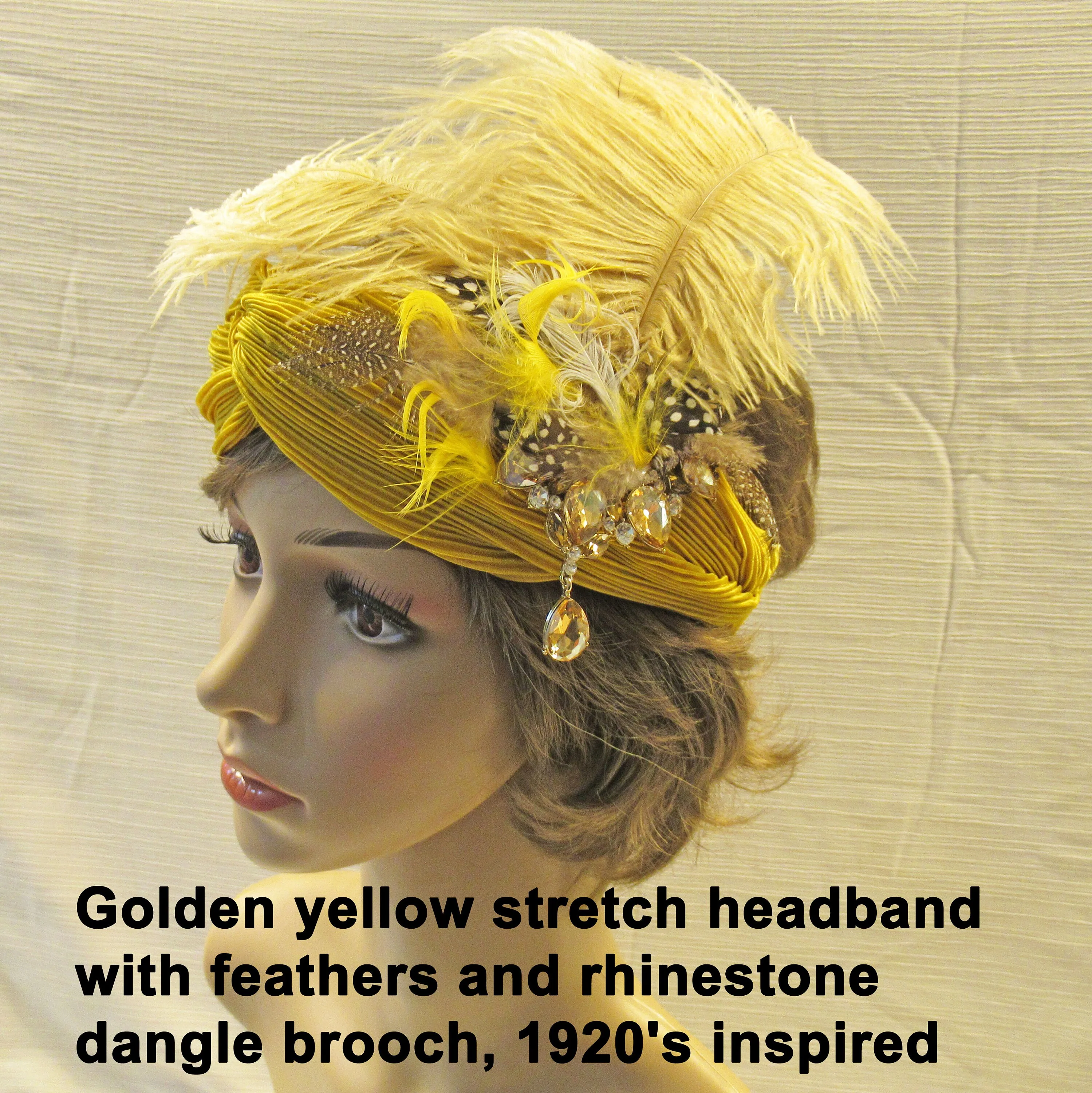 Golden Yellow Stretch Headband with Feathers and Rhinestone Dangle Brooch 20s Inspired Headband, Tan, Brown, Amber Accent, Flapper Style - Image 9