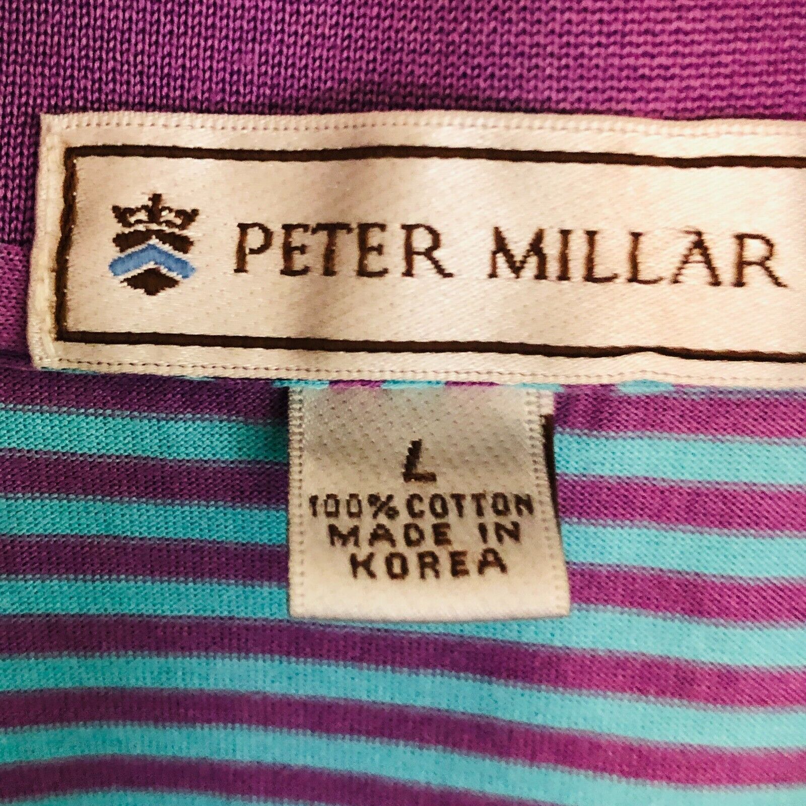 Golf Polo Mens Large Short Sleeve Collared Cotton Blue Pink Striped by Peter Millar - Image 3