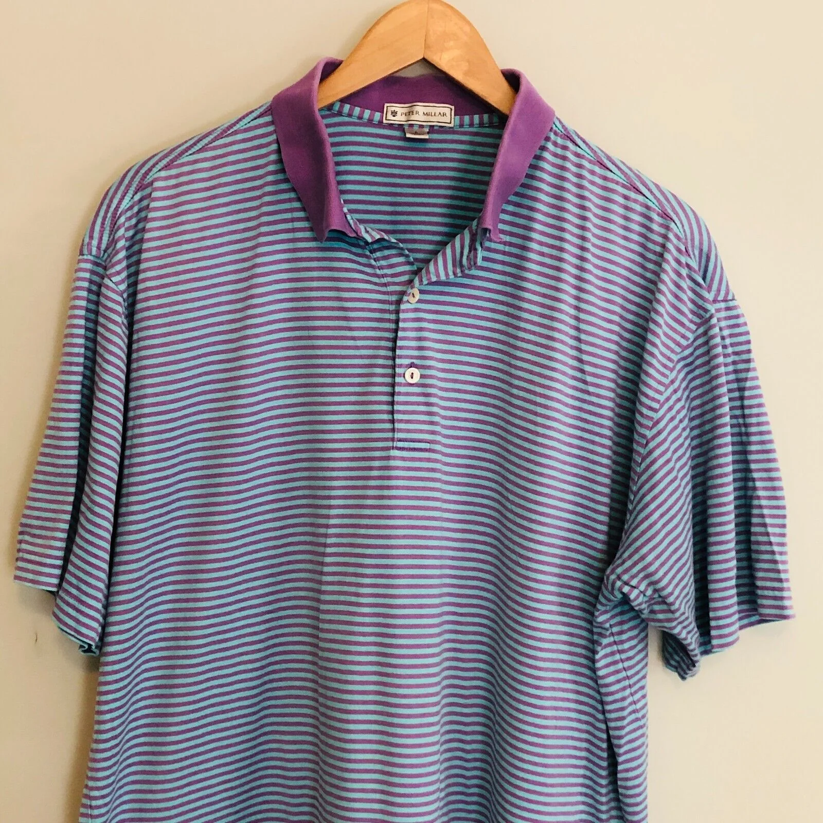 Golf Polo Mens Large Short Sleeve Collared Cotton Blue Pink Striped by Peter Millar - Image 5