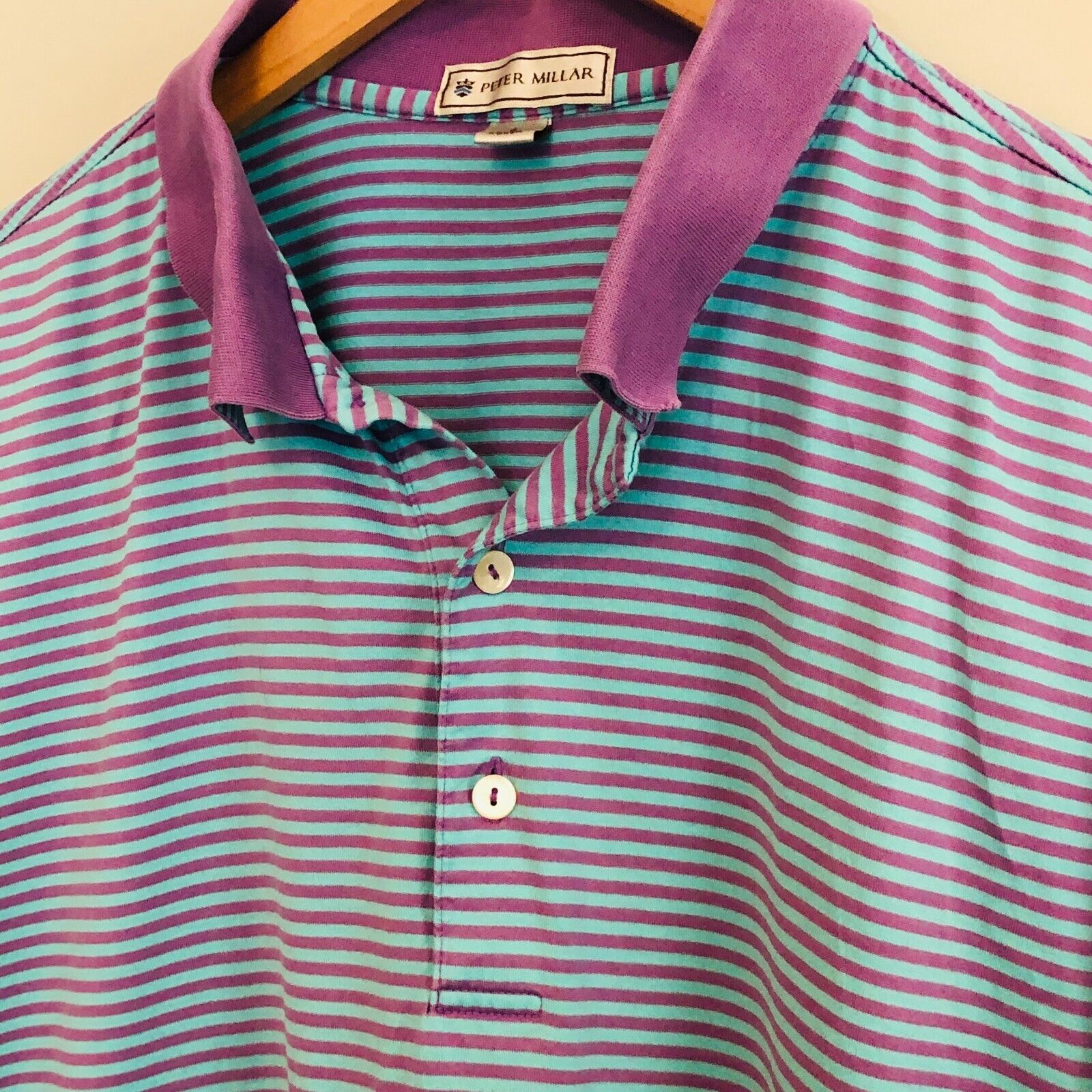Golf Polo Mens Large Short Sleeve Collared Cotton Blue Pink Striped by Peter Millar - Image 6