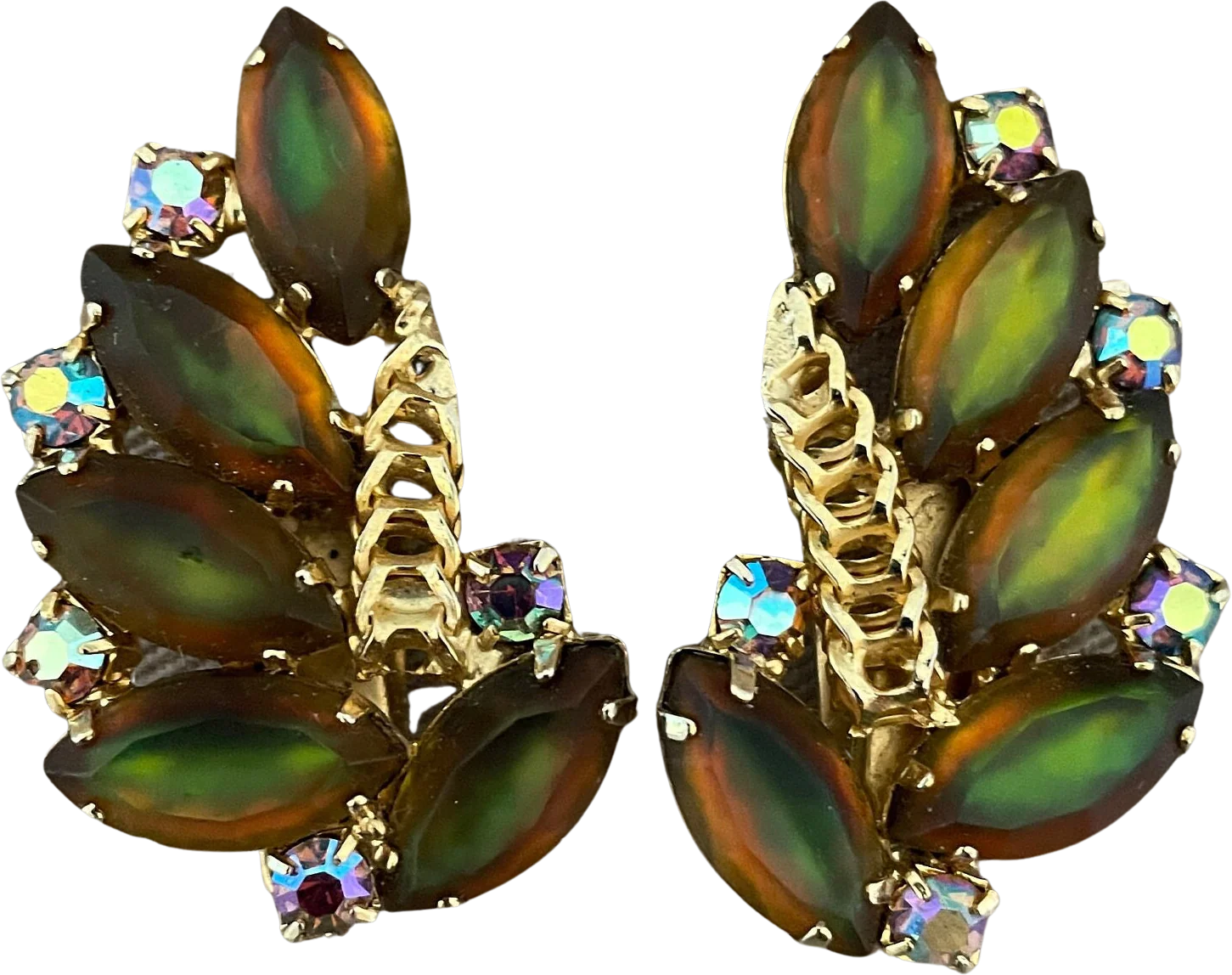 Gorgeous Signed Hobe Green Ab Stone Vintage Ear Climber Clip-On Statement Earrings by Hobe