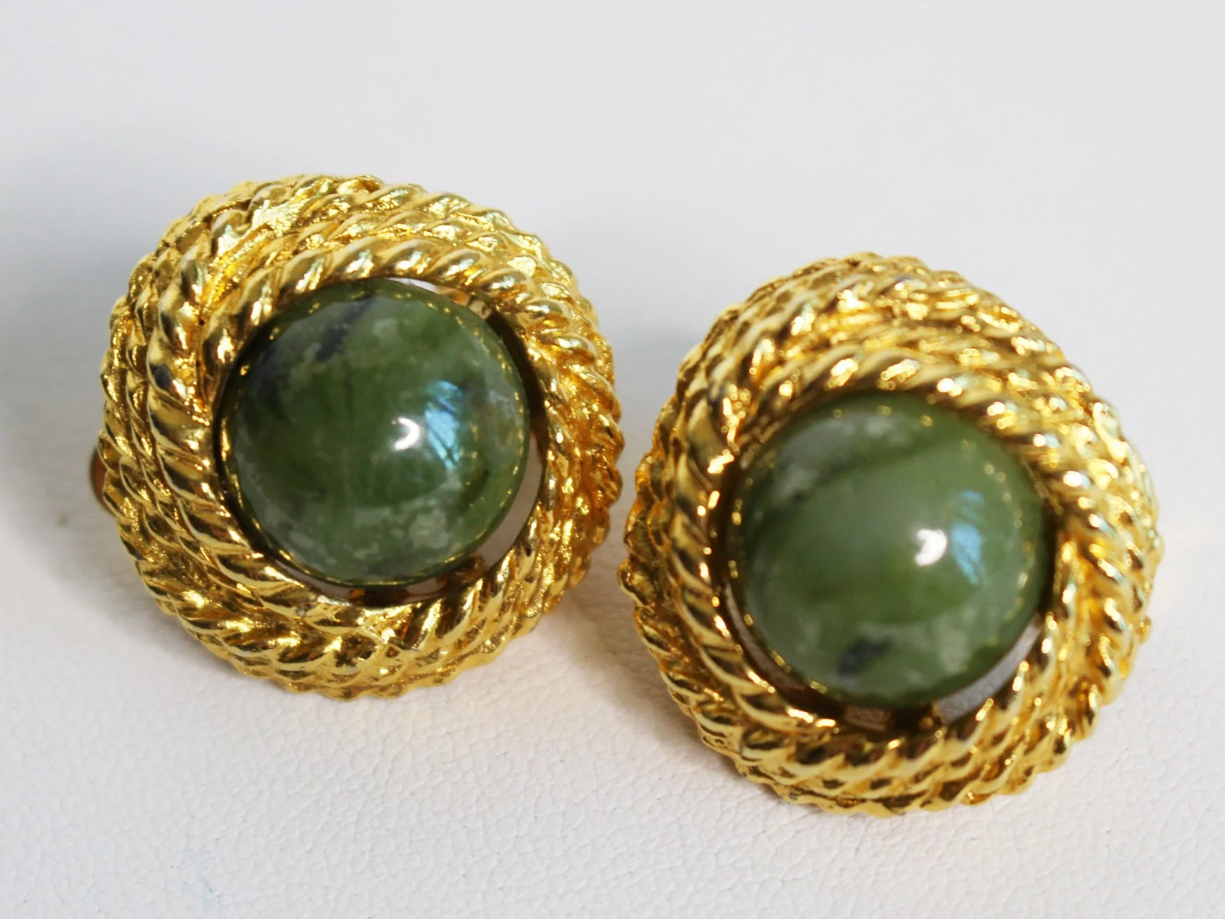 Gorgeous Statement Earrings with Marbled Green Cabochon by Kenneth Jay Lane - Image 3