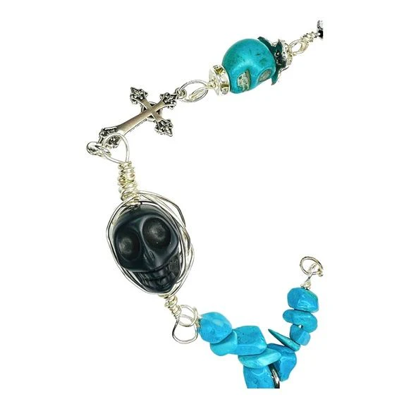 Gothic 925 Taxco Silver Cross Black Onyx Turquoise Sugar Skull Necklace Handmade - Image 3