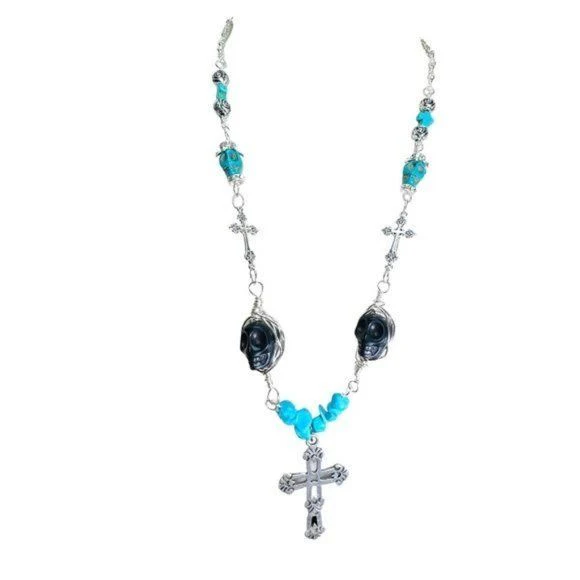 Gothic 925 Taxco Silver Cross Black Onyx Turquoise Sugar Skull Necklace Handmade - Image 8
