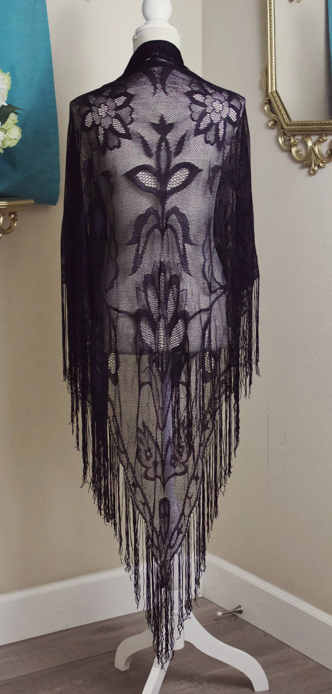 Gothic Vintage Crochet Black Lace Shawl with Art Deco Inspired Flowers and Extra Long Fringe with Dramatic Point - Image 2