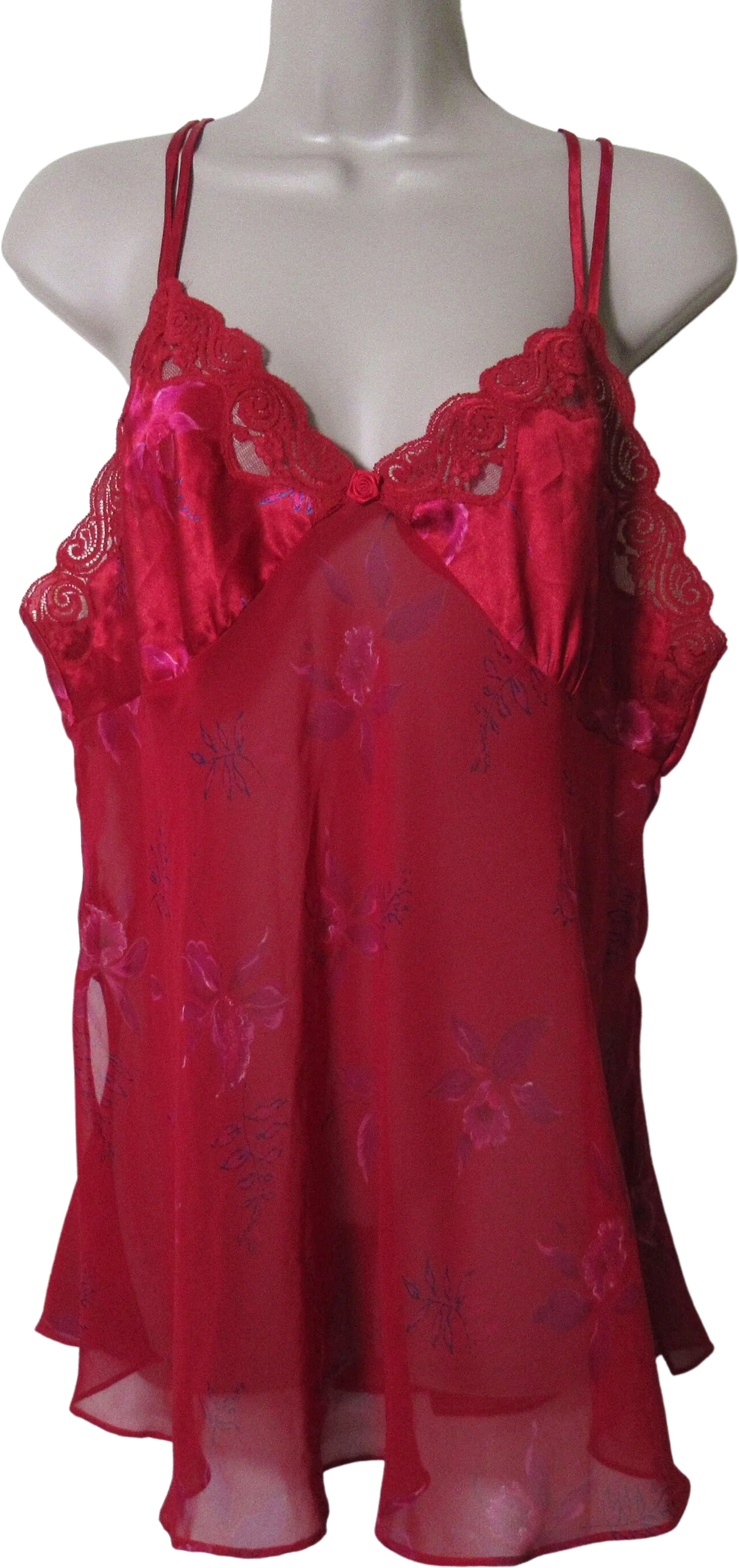 Gown Robe Set Inner Most Babydoll Sheer Poly Gown and Knee Length Wrap Robe Red Floral Print Spaghetti Strap Gown Lace Trim Vintage by Inner Most