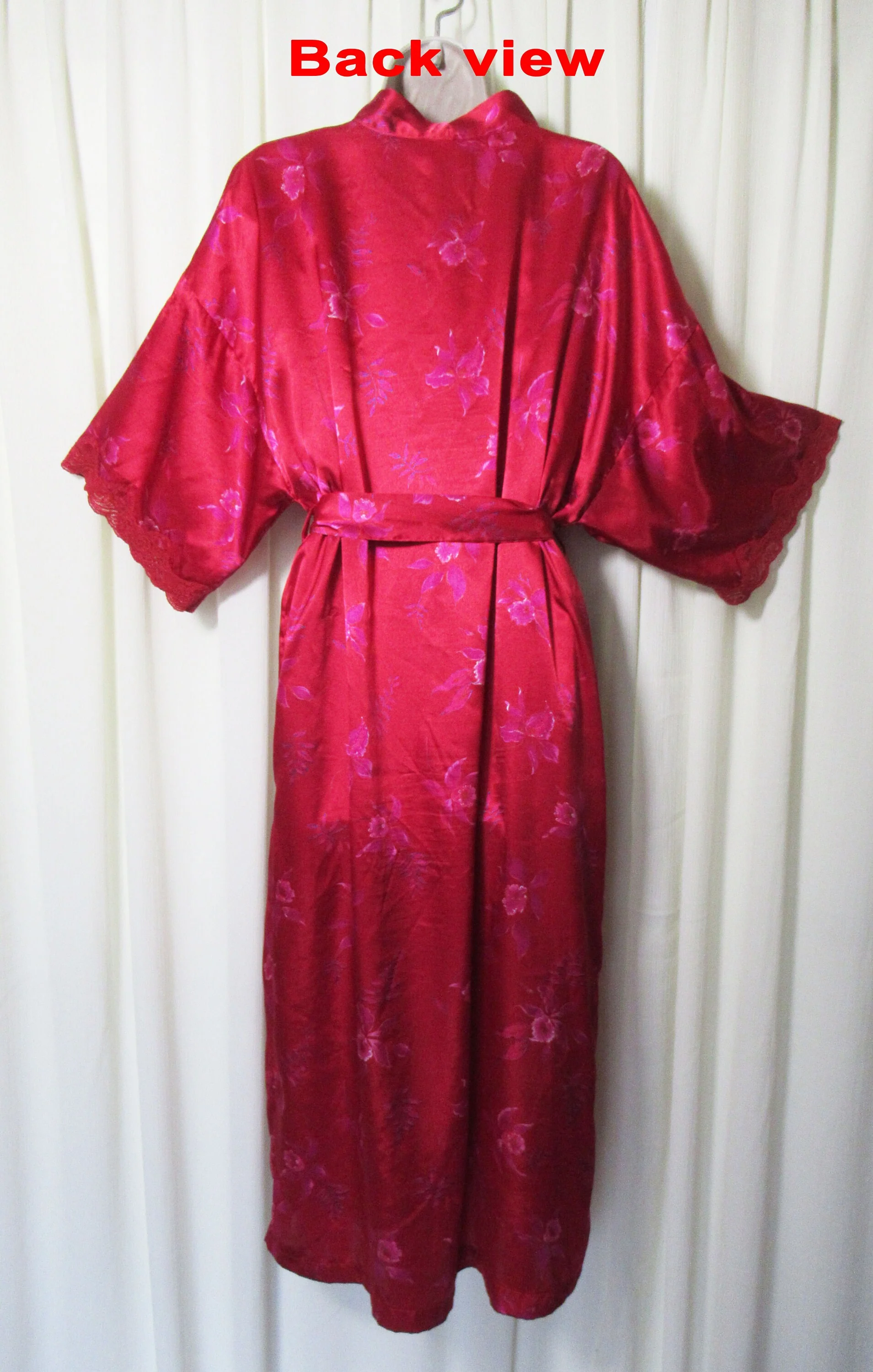 Gown Robe Set Inner Most Babydoll Sheer Poly Gown and Knee Length Wrap Robe Red Floral Print Spaghetti Strap Gown Lace Trim Vintage by Inner Most - Image 10