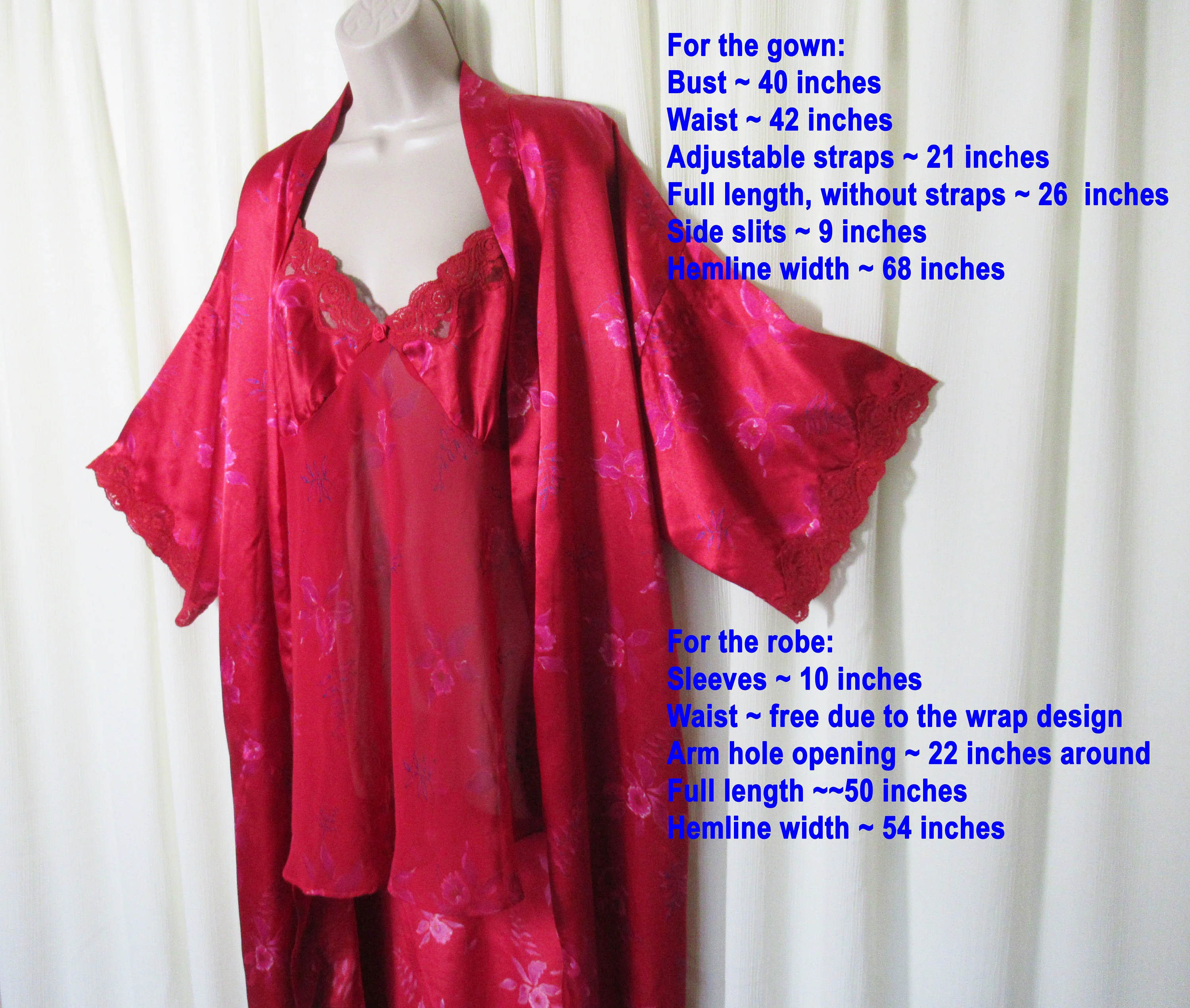 Gown Robe Set Inner Most Babydoll Sheer Poly Gown and Knee Length Wrap Robe Red Floral Print Spaghetti Strap Gown Lace Trim Vintage by Inner Most - Image 5