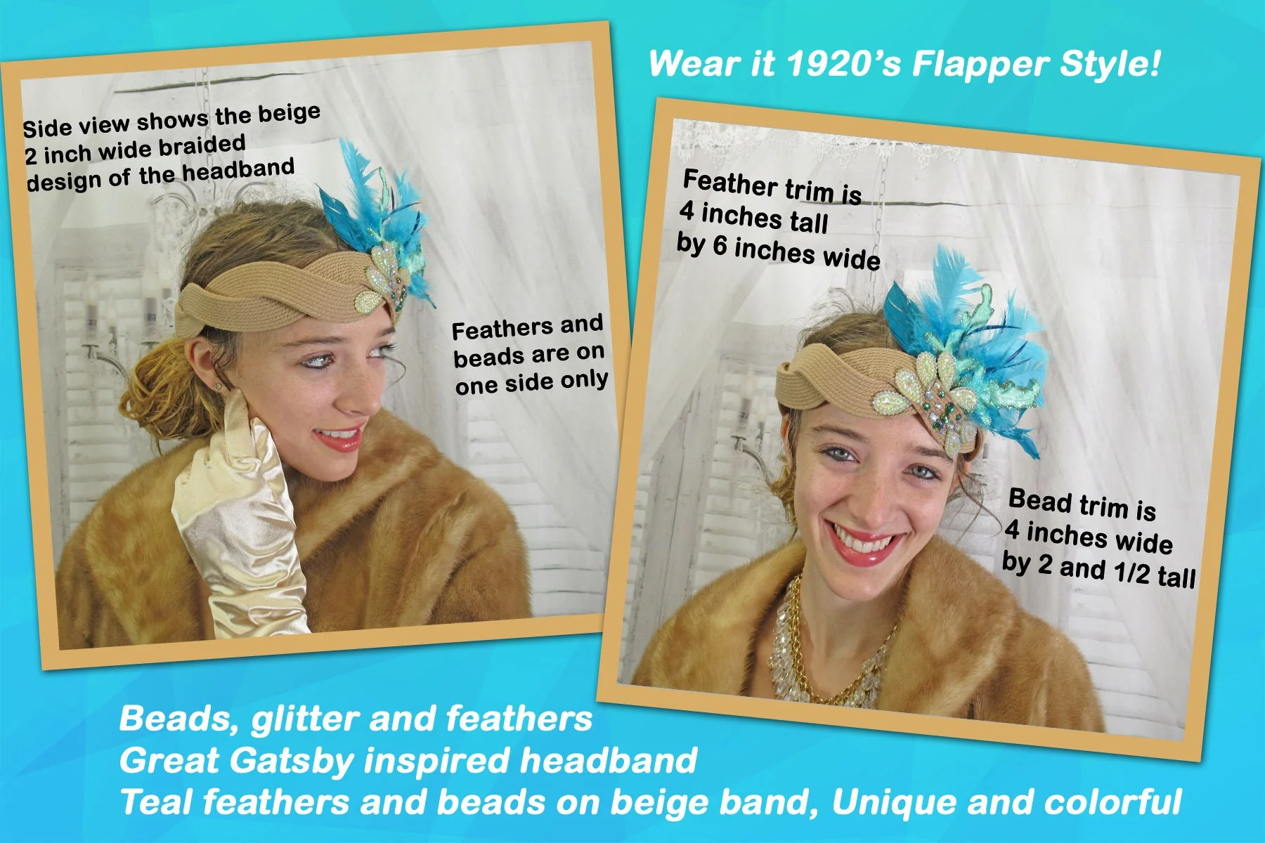 Great Gatsby Inspired Headband Beads Glitter and Feathers 20s Flapper Style Teal Feathers and Beads On Beige Band Unique and Colorful - Image 2