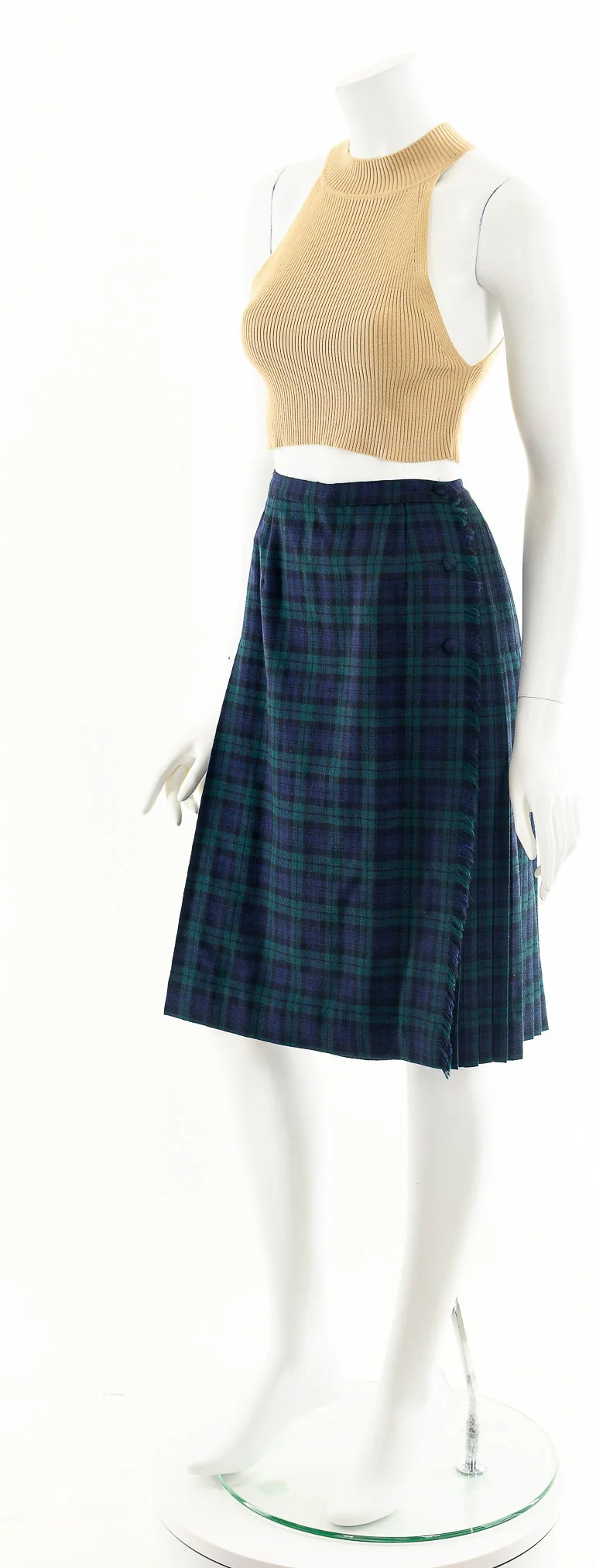 Green Blue Plaid Virgin Wool Fringe Wrap Skirt - Image 10