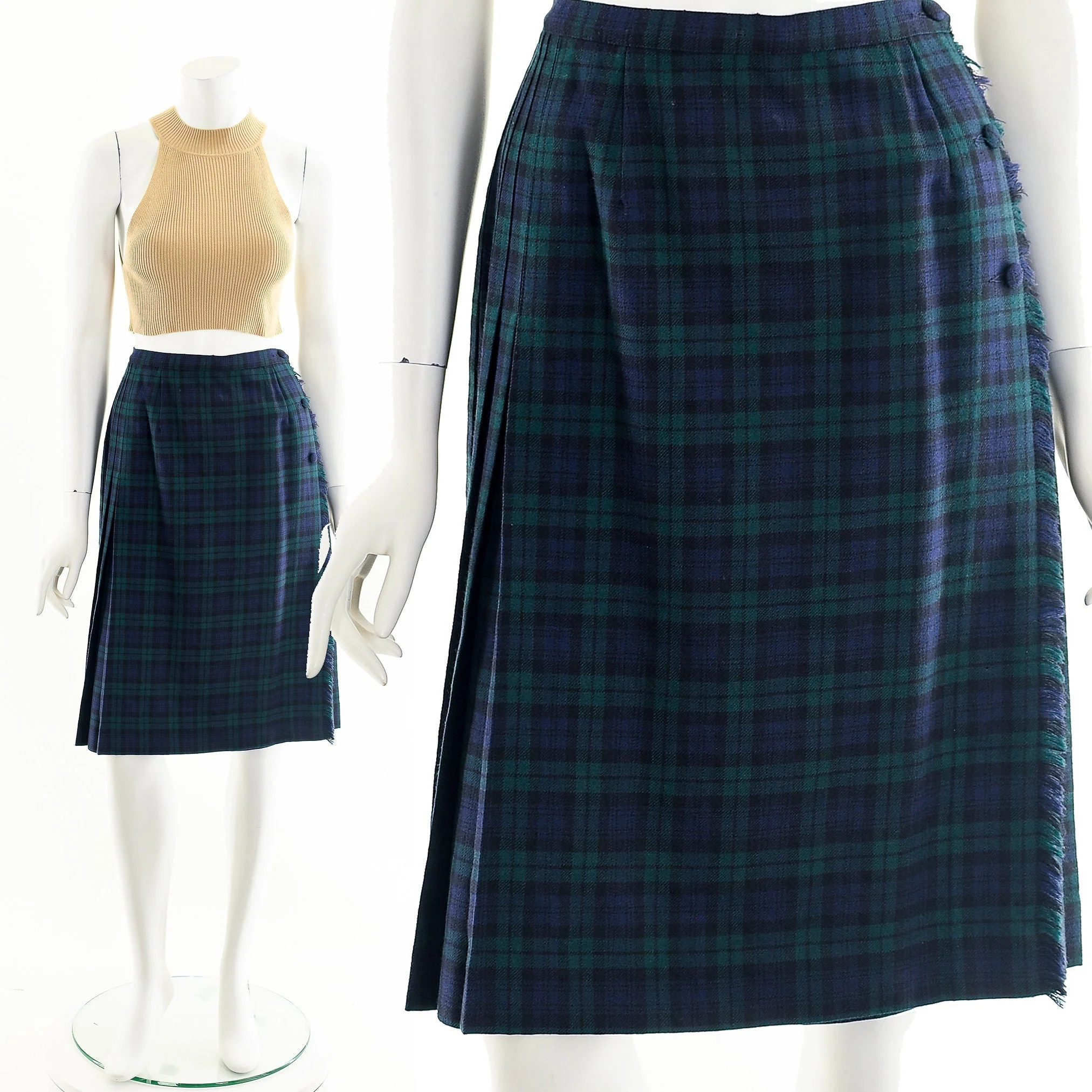 Green Blue Plaid Virgin Wool Fringe Wrap Skirt - Image 2