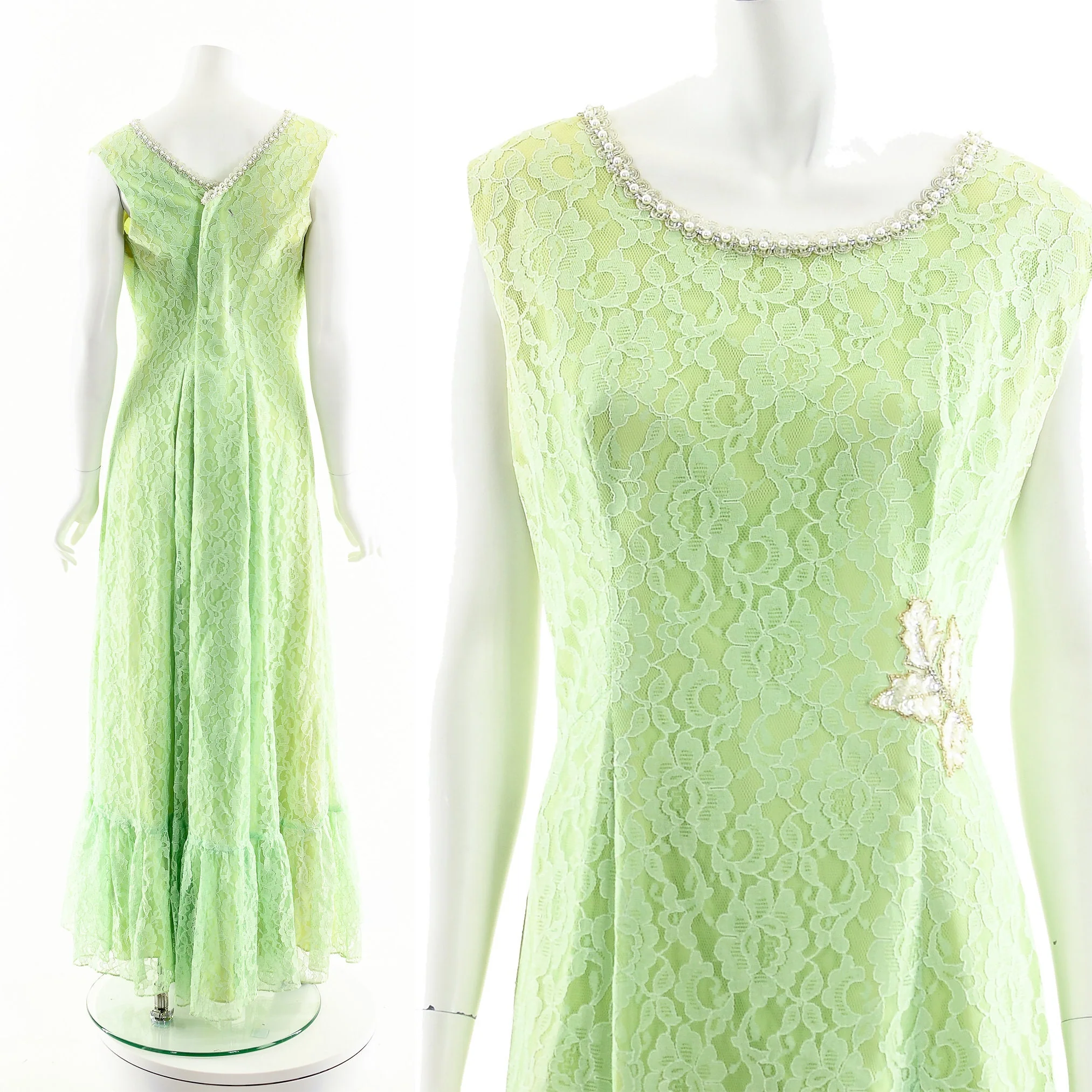 Green Lace Prom Lime Sequin Beaded Long Dress by Anne's Vogue Shop - Image 2