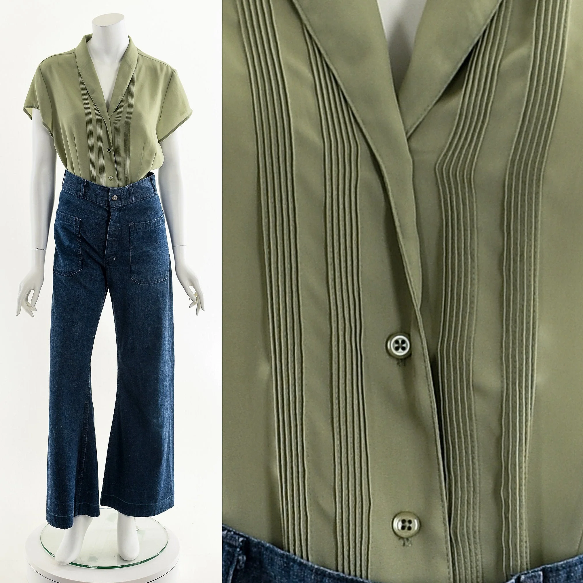 Green Pleated Blouse Bowler T-Shirt - Image 2