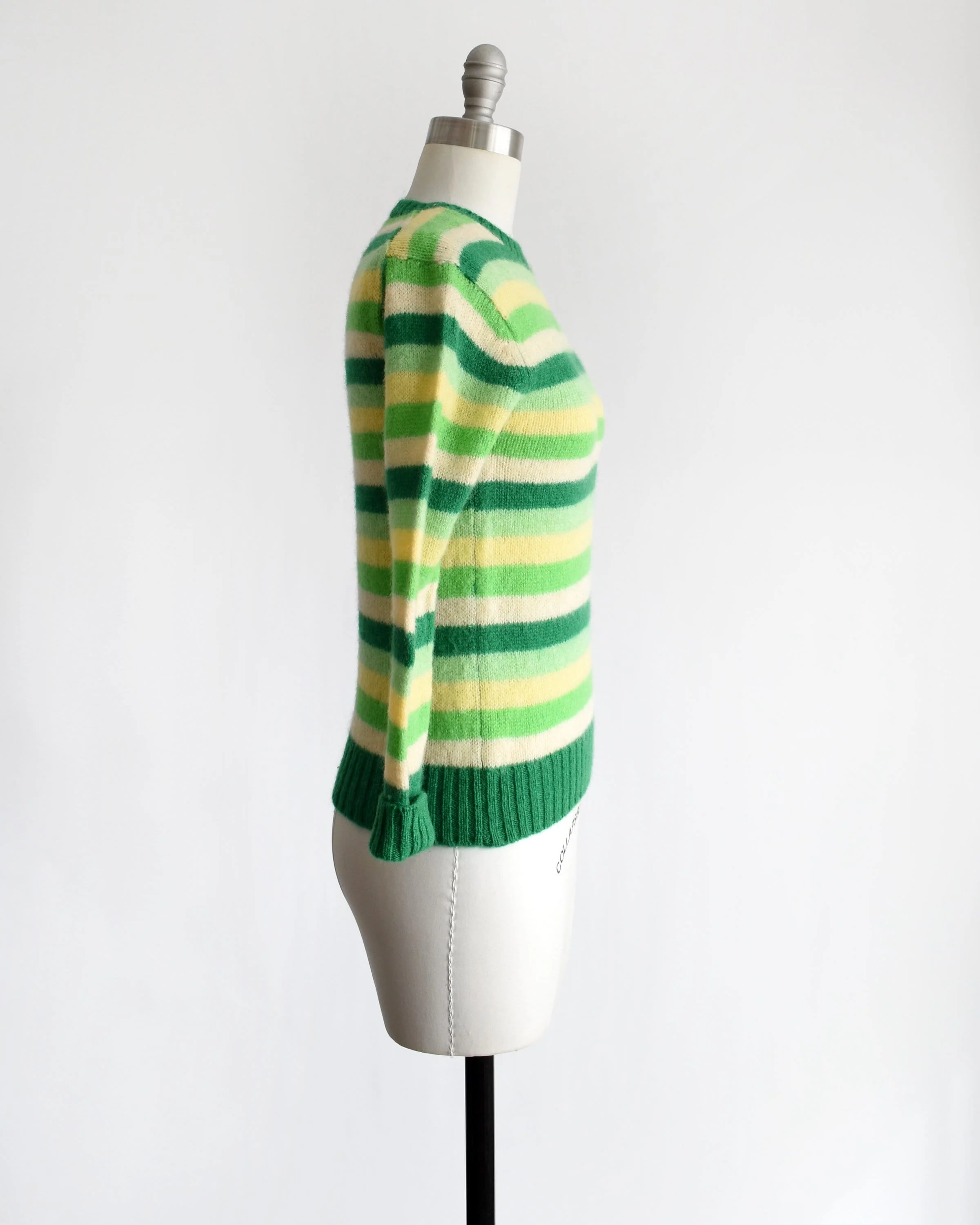 Green Striped Sweater Vintage 70s Wool Sweater, 70s Green Yellow and White Deans of Scotland Sweater, Xs - Image 3