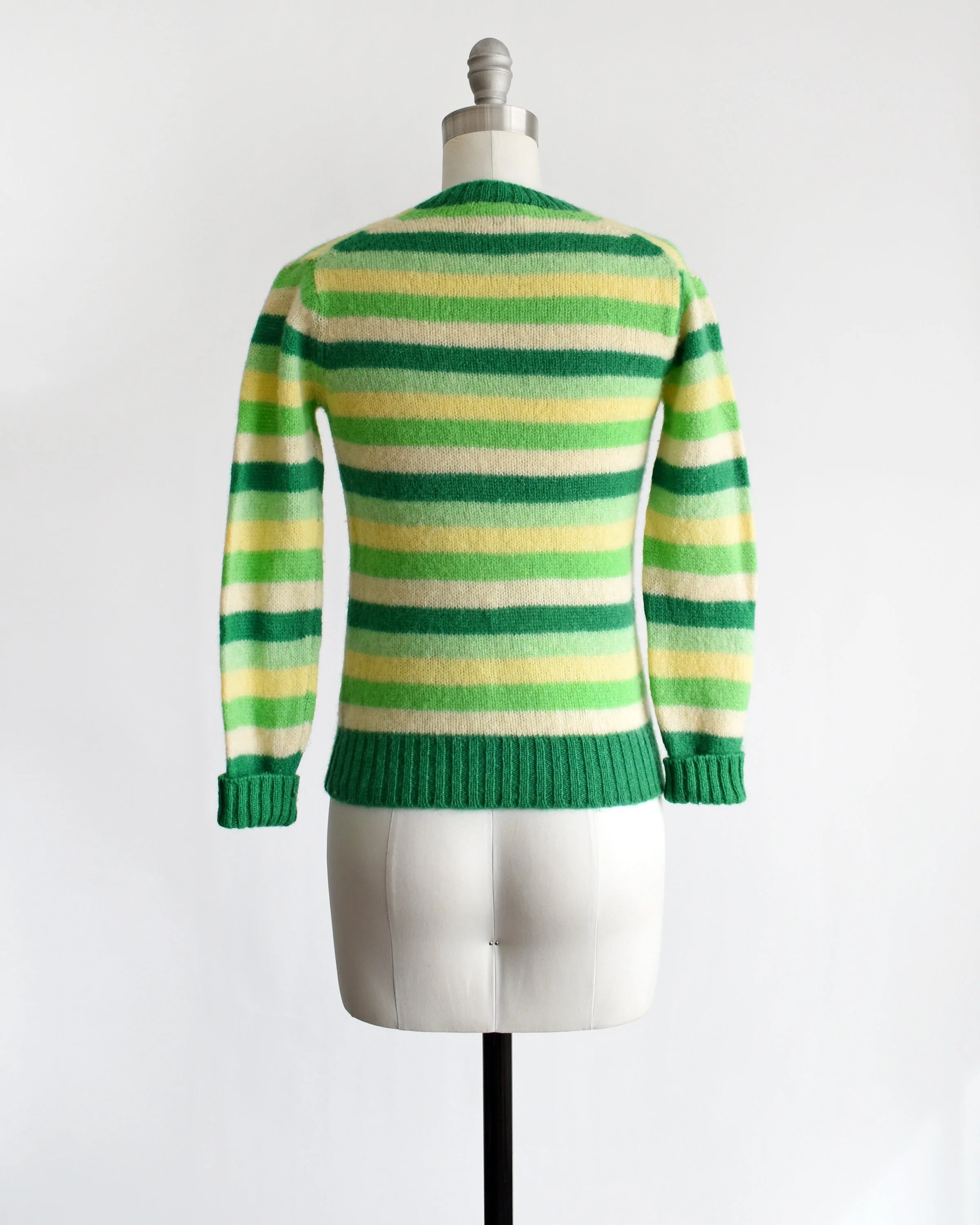Green Striped Sweater Vintage 70s Wool Sweater, 70s Green Yellow and White Deans of Scotland Sweater, Xs - Image 4