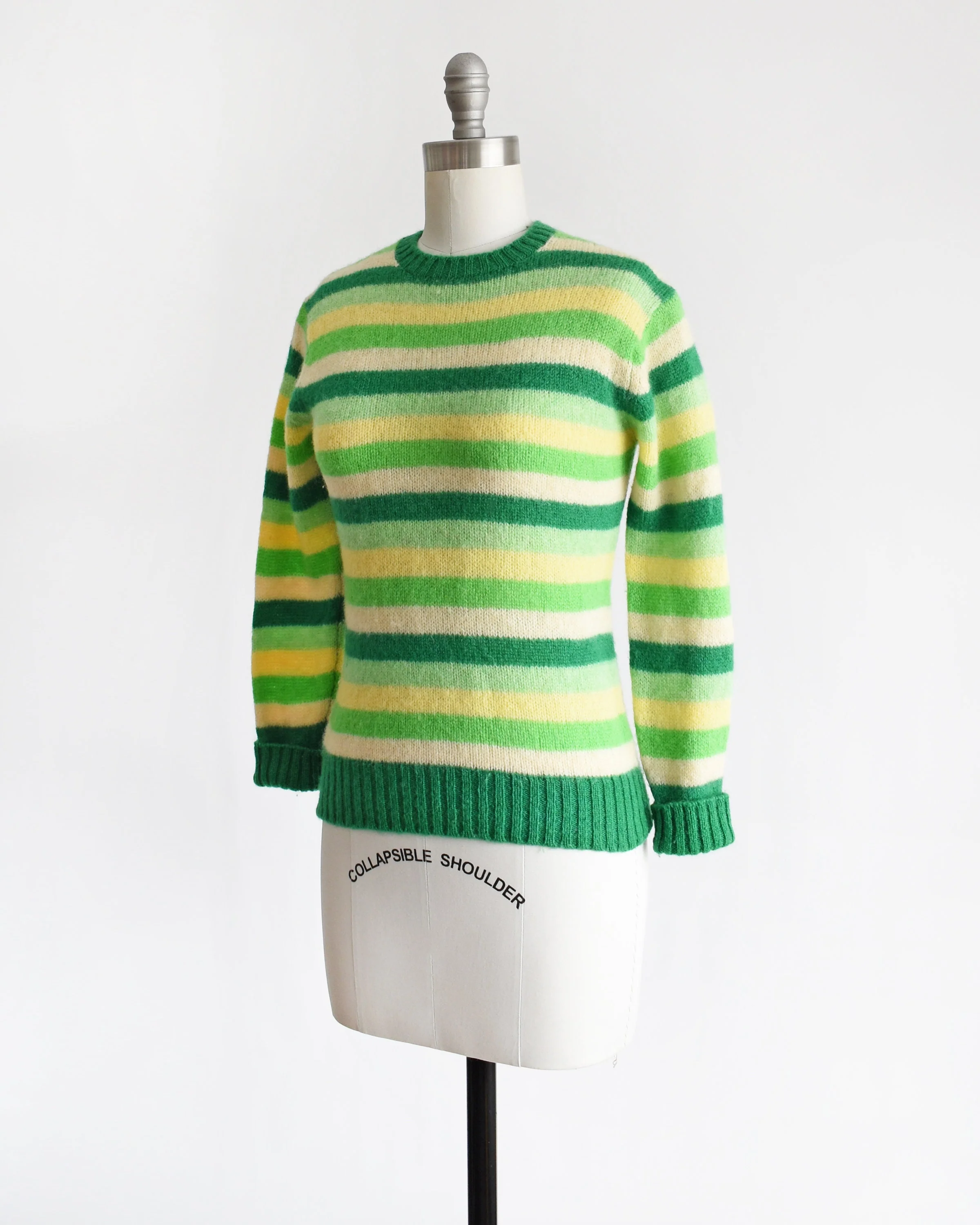 Green Striped Sweater Vintage 70s Wool Sweater, 70s Green Yellow and White Deans of Scotland Sweater, Xs - Image 5
