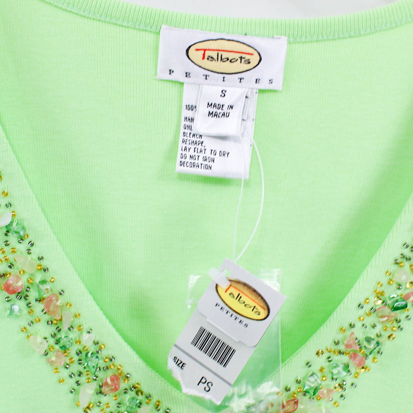 Green Vintage 00s Sleeveless Cotton Beaded V-Neck Top by Talbots - Image 4