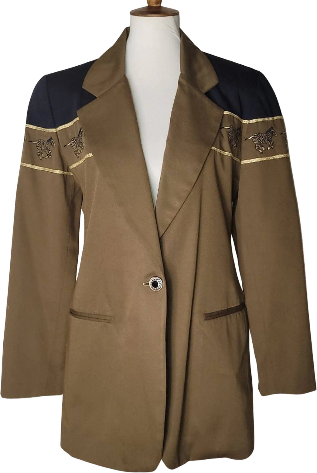 Greenish-Brown and Black Blazer Jacket with Zebra Embroidery by Stephanie Quellen