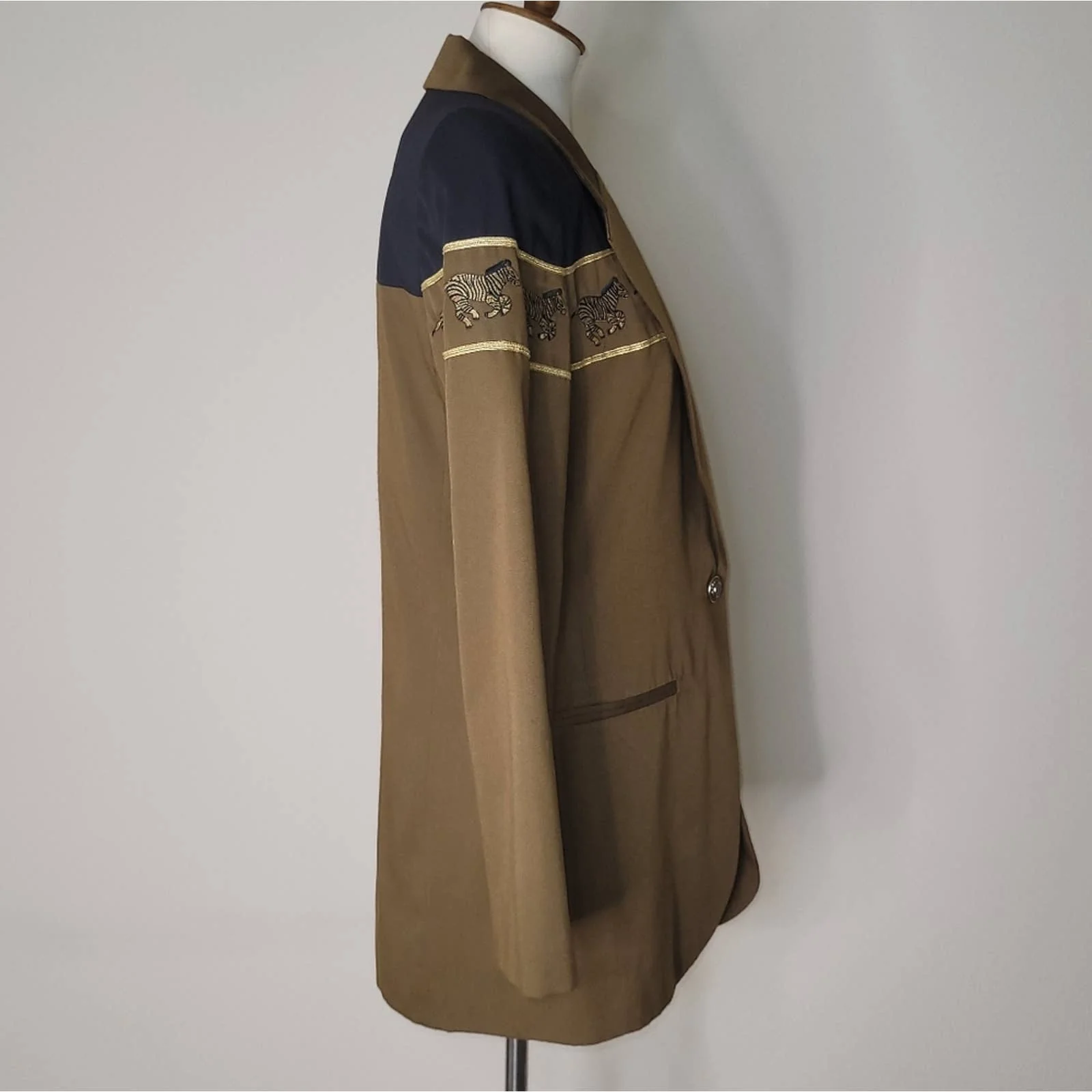 Greenish-Brown and Black Blazer Jacket with Zebra Embroidery by Stephanie Quellen - Image 3