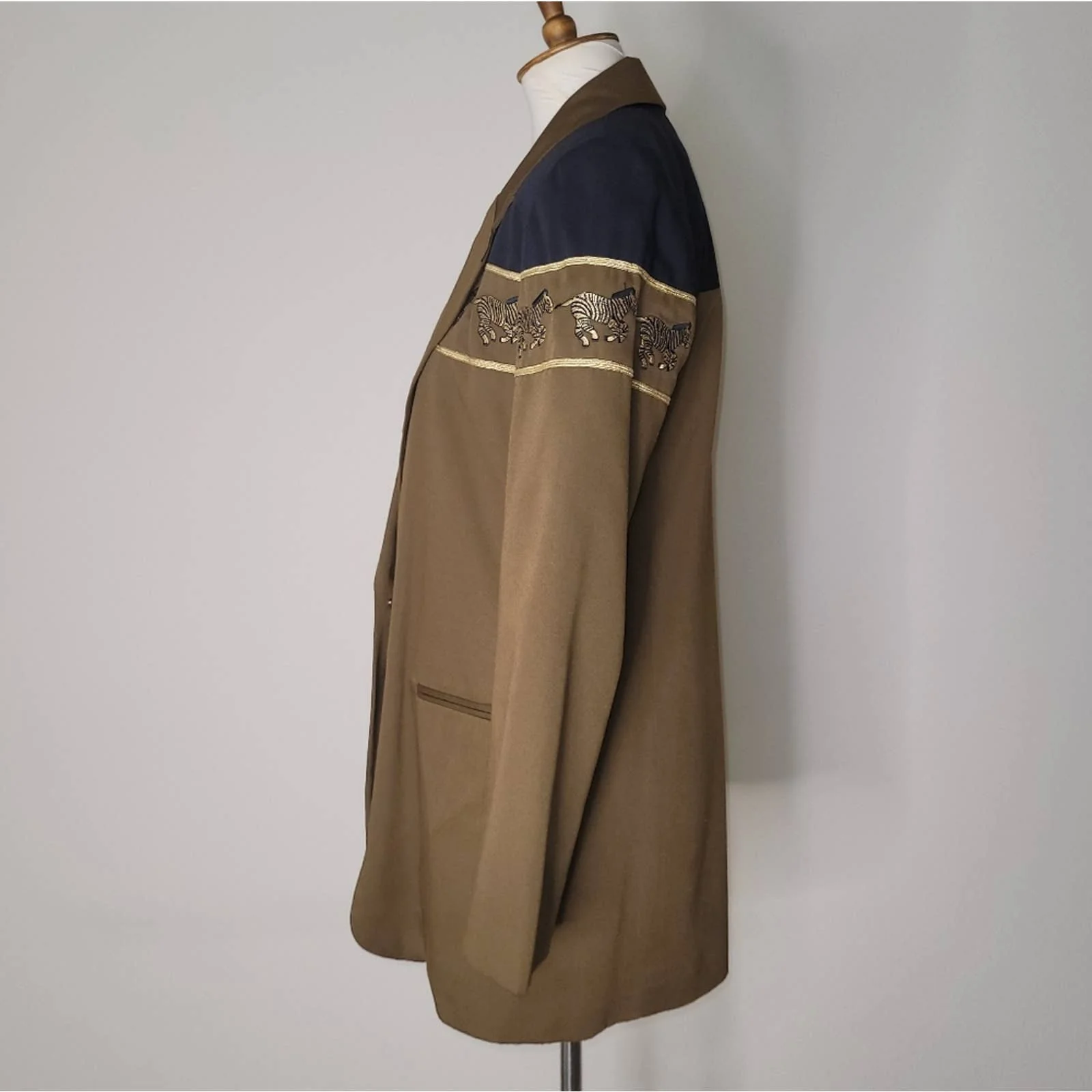 Greenish-Brown and Black Blazer Jacket with Zebra Embroidery by Stephanie Quellen - Image 4